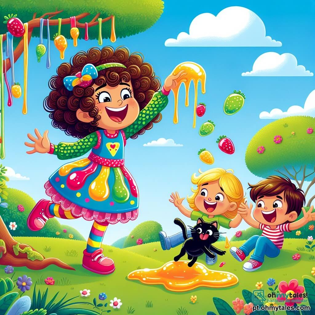 Ana, uma mulher de cabelos cacheados e castanhos, usa um traje colorido com estampas de gelatina, exibindo um grande sorriso de empolgação enquanto transforma um galho de árvore em gelatina. Ao seu lado, Luísa, uma menina de 8 anos com cabelos loiros e um vestido rosa, ri muito segurando um pequeno gato preto que observa a gelatina com curiosidade. Pedro, um menino de 9 anos com cabelos castanhos e uma camiseta verde, está sentado no chão, rindo enquanto tenta pegar os pedaços de gelatina que caem ao redor deles. A cena ocorre em um parque ensolarado, com árvores verdes, flores coloridas e um céu azul com nuvens brancas. No centro da ilustração, Ana usa seus poderes para criar uma pista de gelatina que desce da árvore, enquanto o gato preto se diverte pulando na gelatina, provocando risadas entre seus amigos.