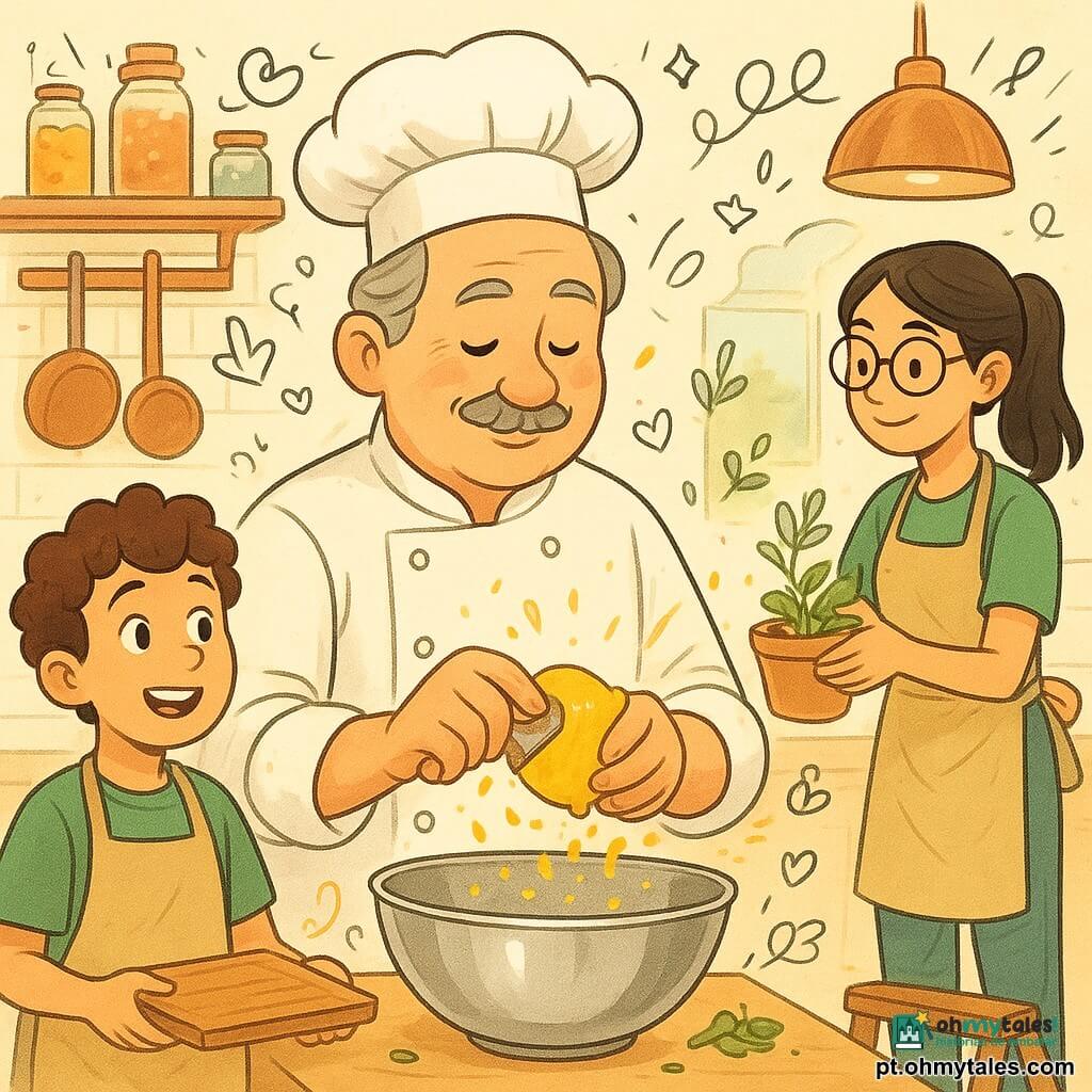 Um chef homem de rosto redondo, bigode fino e cabelo grisalho penteado para trás, expressão serena e concentrada, sorri enquanto raspa o zesto de um grande limão amarelo sobre uma tigela de aço; um menino assistente de cerca de 12 anos, cabelos castanhos encaracolados e avental grande, segura uma tábua de madeira ao lado; uma aprendiz de cerca de 16 anos, rabo de cavalo preto e óculos redondos, acrescenta ervas frescas num pote de barro, em um banquinho atrás do balcão; cozinha de restaurante luminosa com azulejos brancos, prateleiras de madeira com frascos coloridos, grandes panelas penduradas e luminárias de cobre, leve vapor no ar; cena principal mostra o chef preparando um molho com zesto de limão, pequenos pedaços amarelos voando como confetes, clientes desfocados e sorridentes vistos por uma grande janela para uma avenida movimentada; paleta quente e luminosa: amarelos de limão, verdes de ervas, madeira mel e cobre brilhante; estilo gráfico limpo, linhas suaves, texturas levemente a lápis, com pequenos doodles (traços de cheiro, corações, estrelas) ao redor dos ingredientes.