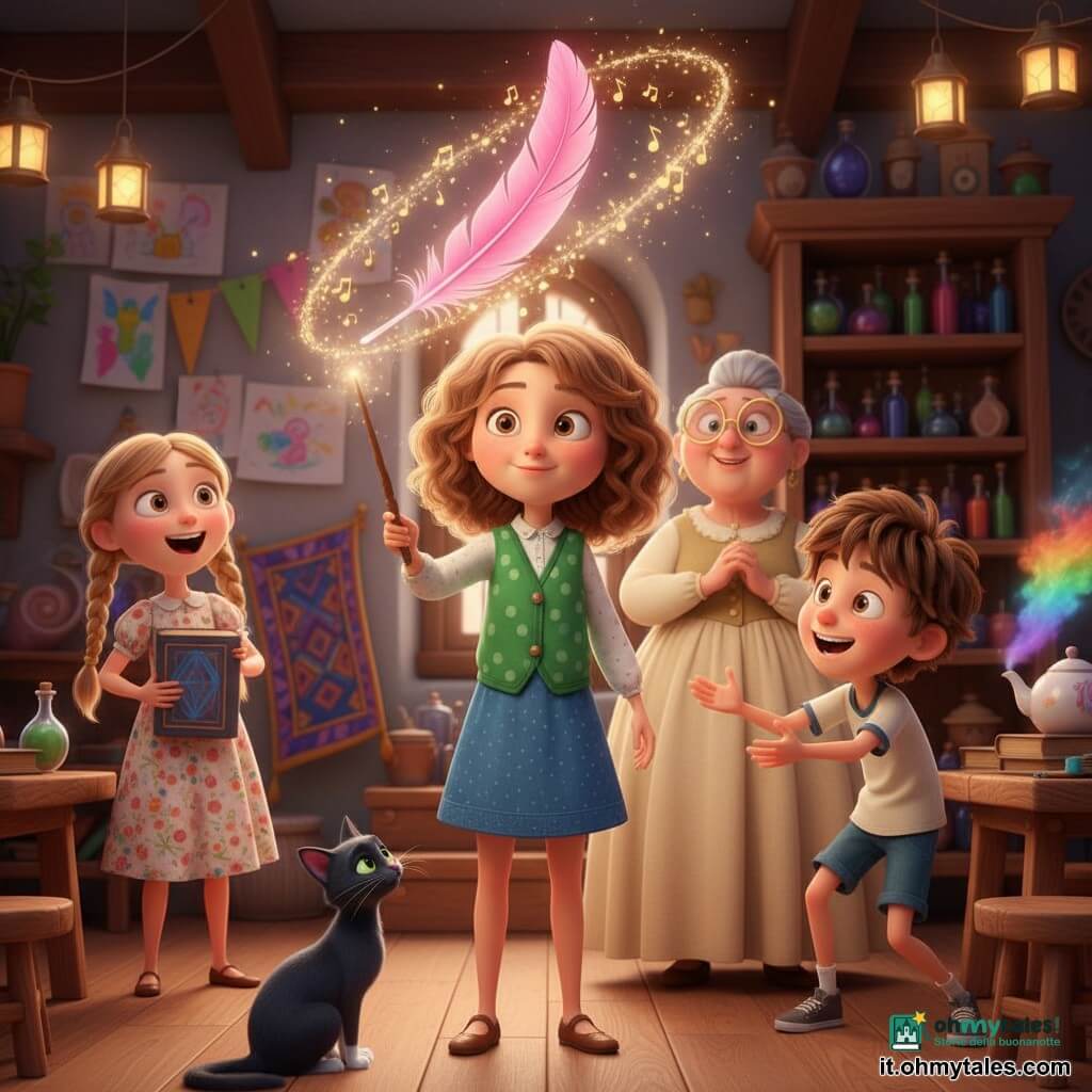 Aurora, apprendista strega ragazza, serena e concentrata con occhi grandi e capelli castano chiaro ricci, veste una giacchetta verde a pois e un abito corto; con una bacchetta di legno fa scendere dolcemente una piuma rosa di fenicottero circondata da scintille dorate e piccole note musicali. Accanto, Tom (6–7 anni) con capelli arruffati e pantaloni corti blu ride e tende la mano verso la piuma dalla destra; Lucia (6–7 anni), con trecce e vestito a fiori, sullo sfondo a sinistra tiene un libro blu sorridendo; la maestra in abito crema con occhiali a mezzaluna sta in piedi vicino a uno scaffale di pozioni con le mani giunte; il gatto nero Ombra è seduto ai piedi di Aurora con la coda arrotolata. L'aula è calda e magica, con scaffali di barattoli colorati, un tappeto volante ripiegato, una teiera fumante che sprigiona un arcobaleno e disegni dei bambini appesi.