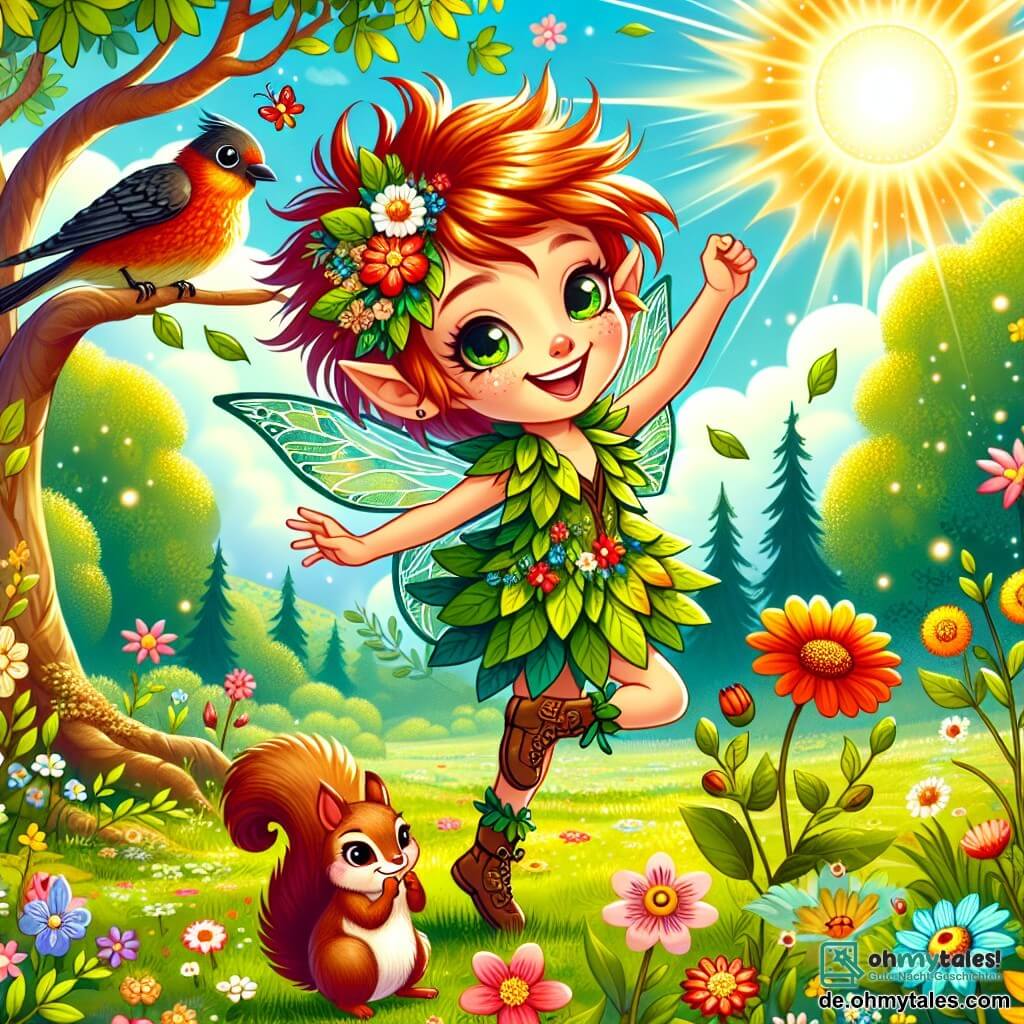 Benni, eine kleine Fee mit zerzausten roten Haaren und funkelnden Augen vor Freude, tanzt auf einer grünen Wiese, umgeben von bunten Blumen, die unter der strahlenden Sonne blühen. Sie trägt eine mit floralen Mustern verzierte Blätterjacke und ein großes Lächeln erhellt ihr Gesicht. In der Nähe sitzt ein glänzend schwarzer Amsel auf einem Ast und singt fröhlich, während ein kleiner, neugieriger Eichhörnchen mit buschigem Schwanz sie von einem Baumstamm aus beobachtet. Der Ort ist eine sonnige Wiese, übersät mit leuchtenden Wildblumen, im Hintergrund majestätische Bäume und ein klarer blauer Himmel mit flauschigen weißen Wolken. Die Hauptsituation zeigt Benni, die den Frühling feiert, während sie tanzt und lacht, während die Natur um sie herum erwacht, voller Leben und Farben.
