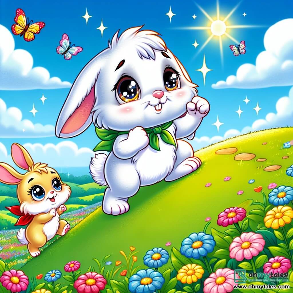An illustration depicts a small white rabbit with large floppy ears and sparkling eyes filled with determination. Despite having a slightly twisted paw, he wears a radiant smile of pride as he climbs a green hill. Next to him is a little golden-furred rabbit with bright eyes and an encouraging expression, joyfully hopping and ready to help, her enthusiasm infectious. The setting is a beautiful sunny meadow dotted with colorful flowers in vibrant shades of pink, yellow, and blue, under a clear blue sky with soft, fluffy clouds. The main scene shows the little rabbit about to reach the hilltop, symbolizing his courage and determination to overcome challenges. Other graphical elements include butterflies fluttering around them, birds singing in the trees, and a winding path leading to the hill, representing journey and friendship.