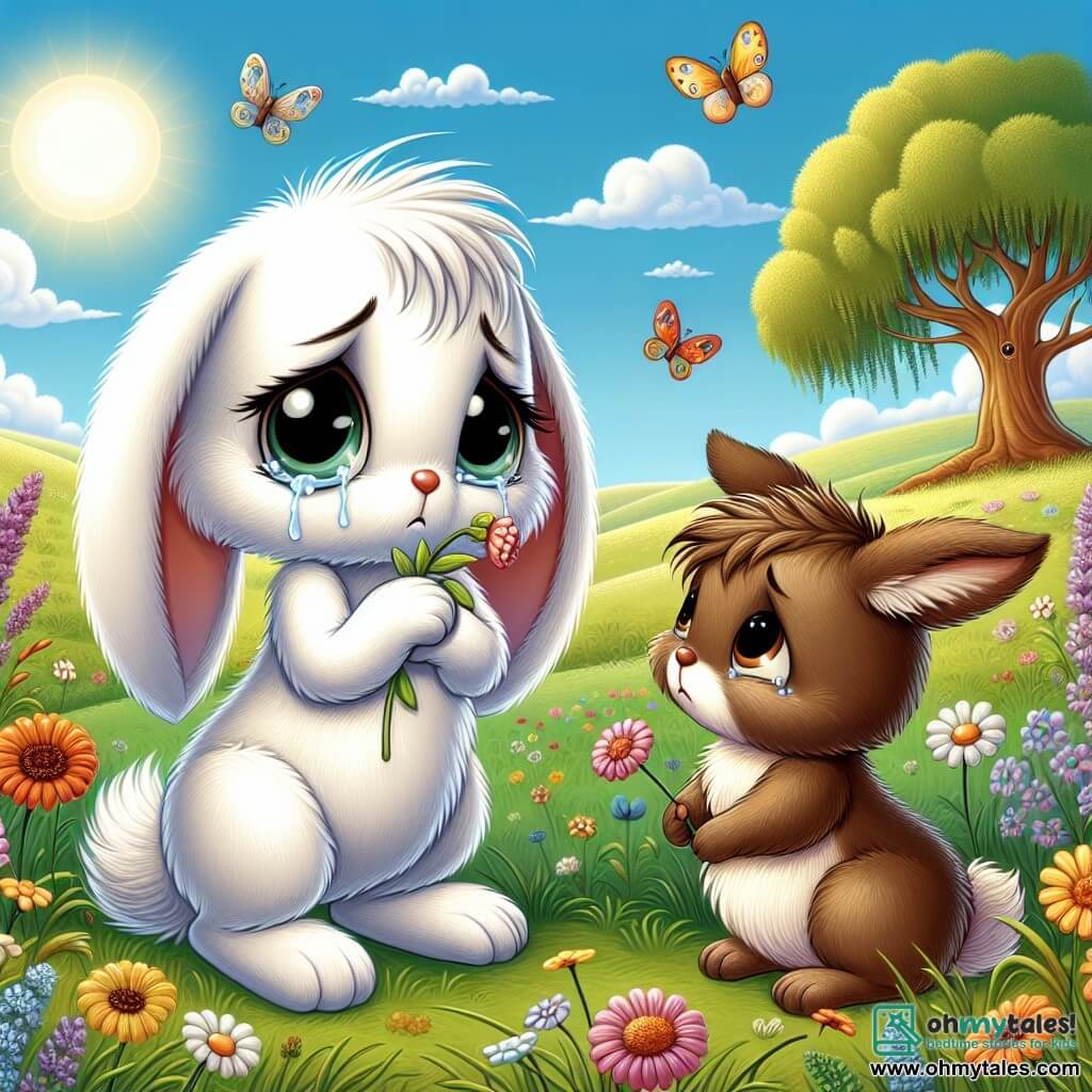 An illustration of a small white rabbit with long, drooping ears sitting in a sunny meadow. It has a melancholic expression, its eyes glistening with tears, and holds a small colorful flower in its front paws. Next to it, a brown rabbit with soft fur and bright eyes looks at its friend with compassion, showing a sad yet comforting expression, ready to offer support. The main setting is a lush green meadow dotted with vibrant wildflowers under a clear blue sky, where the sun shines softly, creating a peaceful and comforting atmosphere. The scene depicts the little rabbit reminiscing about its lost friend, surrounded by flowers they had planted together, symbolizing their friendship and happy memories. Other graphic elements include colorful butterflies flying around, a gentle breeze making the flowers dance, and a majestic old oak tree in the background, adding a touch of wisdom and serenity to the scene.