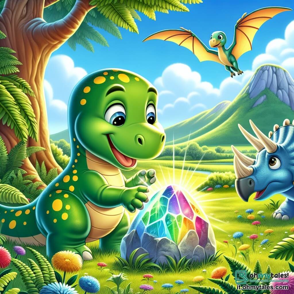 Un giovane diplodoco di nome Dino, con la pelle verde e macchie gialle, si trova felicemente al centro dell'immagine, con gli occhi brillanti di eccitazione, mentre tocca una pietra luminosa che scintilla di mille colori. Accanto a lui, Tricia, un triceratopo con maestose corna e pelle blu chiaro, guarda con meraviglia, gli occhi tondi pieni di curiosità. Sullo sfondo, un pterosauro con le ali spiegate sorvola la scena, le sue piume colorate riflettono il sole, mentre punta verso il cielo, come se annunciasse una nuova scoperta. Il panorama è una vasta pianura verde, costellata di grandi felci e fiori vivaci, con un grande albero dal tronco largo che offre ombra. In lontananza, dolci montagne si delineano sotto un cielo blu intenso, punteggiato di nuvole soffici. La scena principale mostra Dino che scopre la misteriosa pietra della saggezza, circondato dai suoi amici, tutti meravigliati dalla magia del momento, pronti a vivere una nuova avventura insieme.