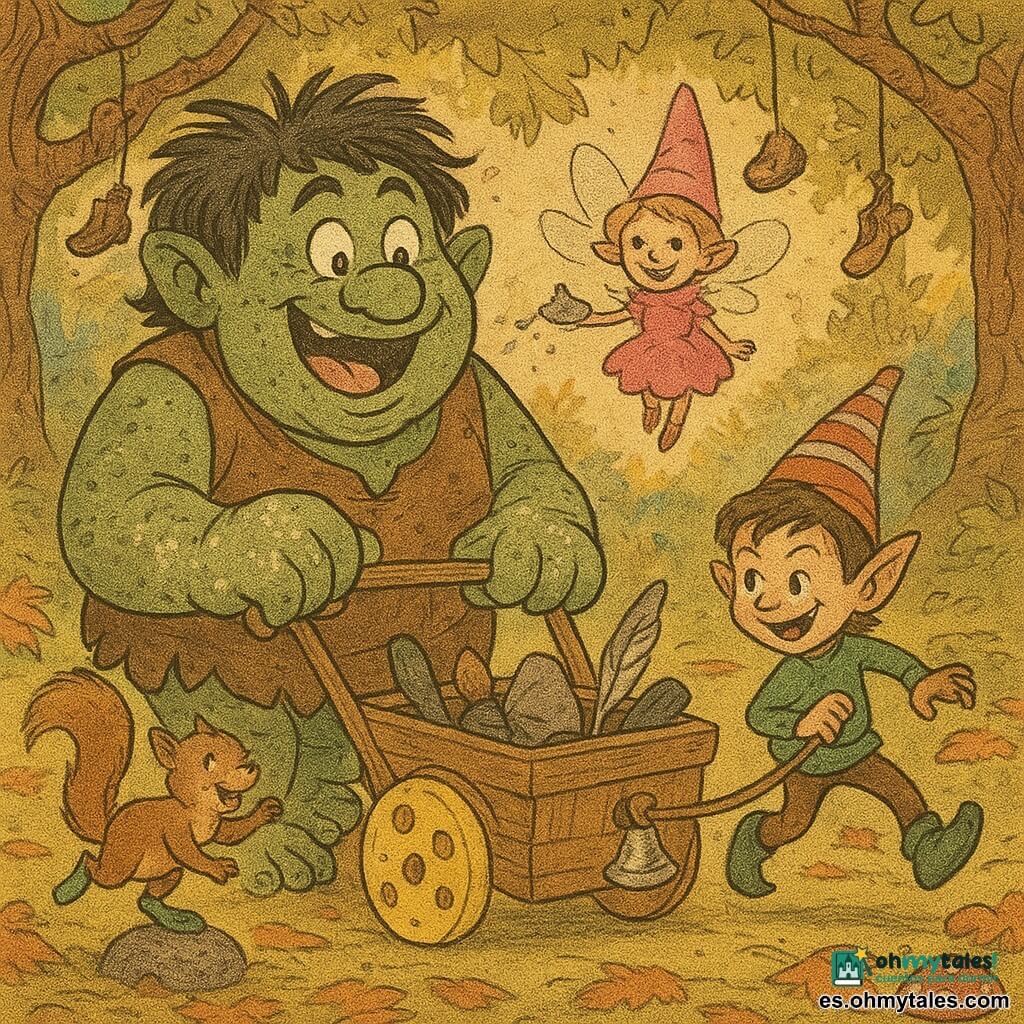 El personaje principal es un troll llamado Bartolo, niño grande y redondeado de piel verde moteada, nariz ancha y mechones despeinados, alegre y sorprendido con ojos abiertos y boca riendo, que sujeta con manos enharinadas un pequeño carrito de ruedas como queso; a su derecha corre Logico, un duende pequeño y vivaz con gorro a rayas y ojos pícaros, tirando del carrito con una cuerda; flotando sobre el carrito sonríe Pina, una diminuta hada peluda con vestido rosa y sombrero puntiagudo que sostiene un pequeño sombrero brillante invisible; a la izquierda, una ardilla con calcetines verdes salta sobre una piedra con patas en el aire; el carrito es de madera rústica con ruedas amarillas semejantes a queso, una campanilla plateada y objetos extraños sobresaliendo; la escena ocurre en un claro del "Bosque de los Zapatos Voladores" con suelo cubierto de hojas coloridas y hongos rojos con puntos blancos, troncos nudosos y zapatos colgados en las ramas como faroles, luz dorada matinal filtrándose por hojas translúcidas; la acción es dinámica y cómica: Bartolo y Logico intentan detener el carrito rebelde que salta entre nenúfares y raíces mientras Pina ríe levitando y la ardilla aplaude, composición centrada con movimiento hacia la derecha y expresiones exageradas, texturas visibles.