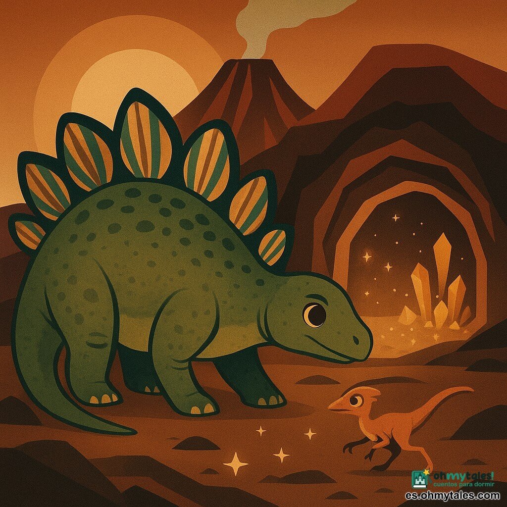 Un estegosaurio ancho y redondeado, con placas dorsales ovaladas rayadas de azul y oro, de expresión tierna y decidida, camina lento con la cabeza baja y la cola en alto como protegiendo algo; su piel texturada, moteada de verde musgo y marrón cálido, y ojos grandes y brillantes muestran bondad. Un pequeño compsognathus llamado Mini, delgado y ágil, con plumas rojizas y ojos vivos, corre junto a sus patas mirando la cueva lista para explorar. Están al pie de un volcán antiguo de rocas negras y rojas con humo en la cima; detrás hay una cueva abierta que emite una suave luz estrellada, revestida de cristales brillantes y pequeñas estrellas caídas sobre un suelo vidrioso, creando una atmósfera cálida y mágica. La escena principal muestra al estegosaurio y a Mini vigilando juntos, en postura protectora y valiente, atentos a las estrellas a sus pies.