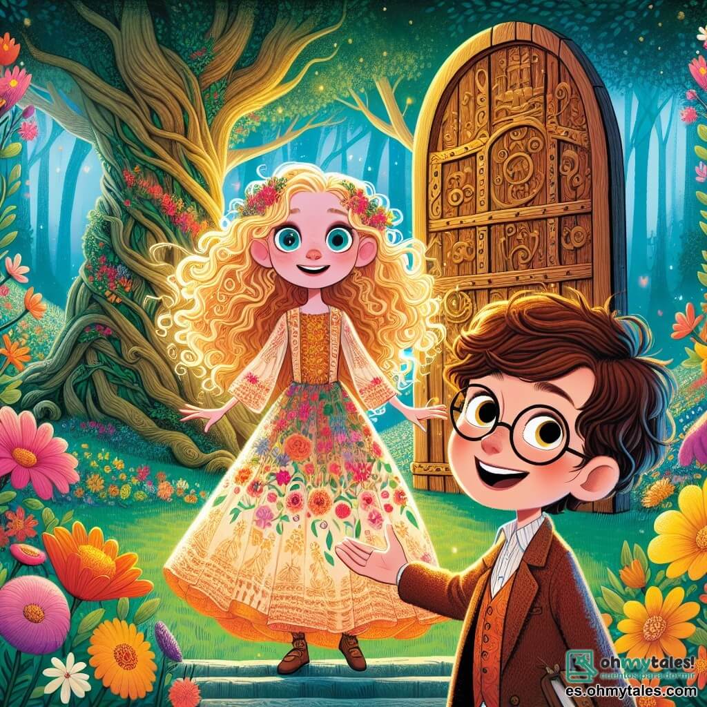 Una niña de 12 años, Lila, con cabello rizado y dorado, y grandes ojos llenos de curiosidad, se encuentra en el centro de un jardín mágico. Lleva un vestido ligero de colores vivos con motivos florales, y su rostro expresa una alegría maravillada. A su lado, un niño de 12 años, Luz, con cabello castaño y gafas redondas, sonríe mientras le tiende la mano, como invitándola a explorar más. El jardín es un lugar encantador, lleno de flores brillantes y árboles majestuosos cuyas hojas brillan al sol. Al fondo, hay una gran puerta de madera antigua, adornada con símbolos misteriosos, frente a un inmenso árbol cuyas ramas se extienden hacia el cielo. Lila y Luz están frente a la puerta, ansiosos por descubrir los secretos que encierra, con sus rostros iluminados por la emoción y el asombro.