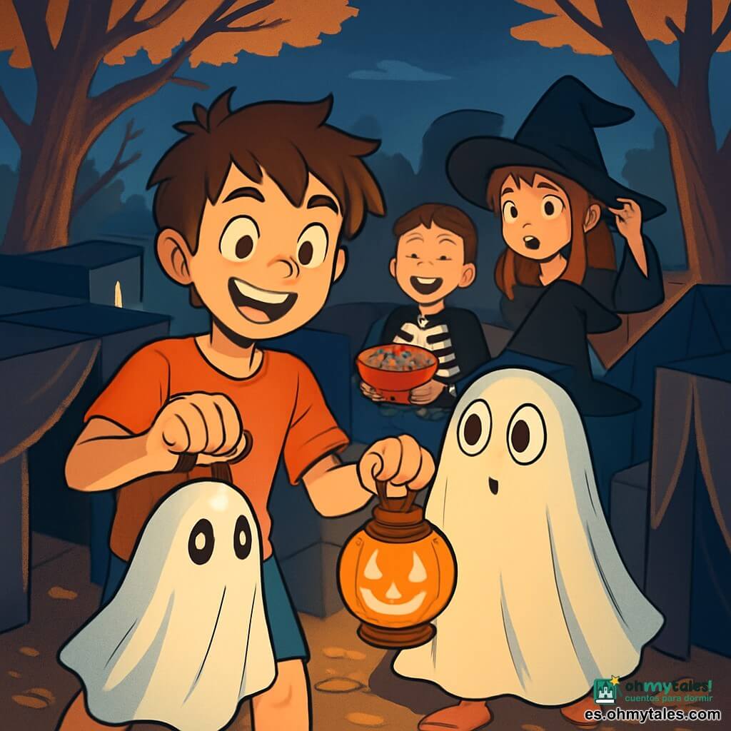Un niño de 12 años, Nico, con cabello castaño despeinado y ojos chispeantes de travesura, sonríe con entusiasmo, sosteniendo un mapa del tesoro en una mano y una pequeña linterna de calabaza en la otra. A su lado, su hermana Lucía, una niña de 8 años disfrazada de fantasma con una sábana blanca y ojos redondos de asombro, mira a su alrededor con curiosidad. Al fondo, Mateo, un niño de 11 años vestido de esqueleto, ríe mientras sostiene una caja de caramelos, mientras que Carla, una niña de 10 años disfrazada de bruja, ajusta su gran sombrero negro, lista para resolver el misterio. Están en un viejo parque al caer la noche, donde los árboles de ramas torcidas proyectan sombras danzantes en el suelo, y las hojas secas crujen bajo sus pies. En el centro, un laberinto hecho de cajas y sábanas negras brilla a la luz de la linterna, creando una atmósfera misteriosa y cautivadora. La escena principal muestra al grupo de amigos aventurándose juntos en el laberinto, riendo y animándose, listos para descubrir el secreto de la linterna de calabaza que brilla débilmente en el centro, iluminando sus rostros de emoción y camaradería.