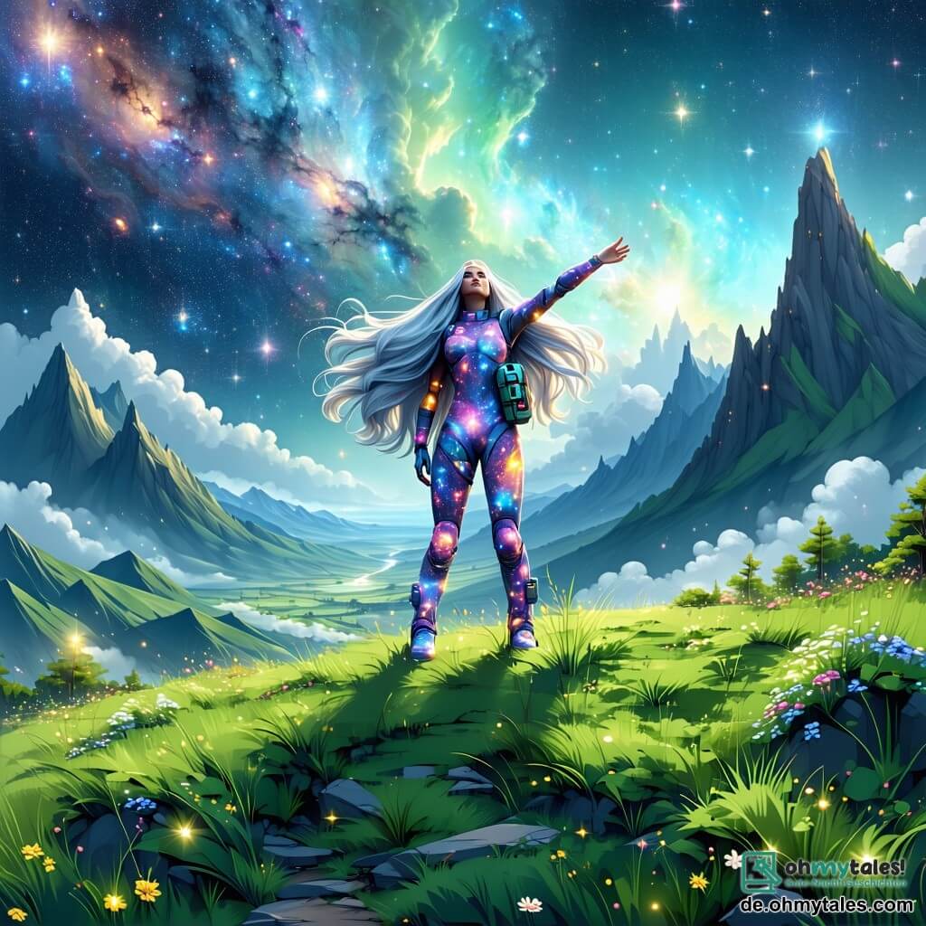 Im Vordergrund steht eine etwa 30-jährige Frau namens Elara stolz auf einem grünen Hügel auf dem Planeten Zaryon. Sie hat lange silberne Haare, die im Wind wehen, leuchtende Augen wie Sterne und trägt einen bunten Raumanzug mit galaktischen Mustern. Ihr Gesicht drückt Entschlossenheit und Staunen aus, während sie die Arme zum Himmel hebt, als würde sie die Sterne zum Tanzen rufen. Neben ihr steht Alarion, ein etwa 60-jähriger Mann in einem langen Mantel aus leuchtenden Blättern, der Elara mit einem wohlwollenden Lächeln beobachtet. Seine langen weißen Haare und die leicht goldene Haut spiegeln die Magie des Ortes wider. Der Hintergrund zeigt eine fantastische Landschaft von Zaryon mit funkelnden Baumstämmen, sanft pulsierenden leuchtenden Blumen und einem Himmel voller bunter Wolken, in dem intensive Sterne strahlen. Im Hintergrund dreht sich ein riesiger Kristallring um den Planeten und schafft ein märchenhaftes Schauspiel. Elara, voller Energie und Mut, bereitet sich darauf vor, die Magie der Sterne zu beschwören, um ihre Welt gegen die herannahende Dunkelheit zu verteidigen, während Alarion sie mit Weisheit und Unterstützung ermutigt.