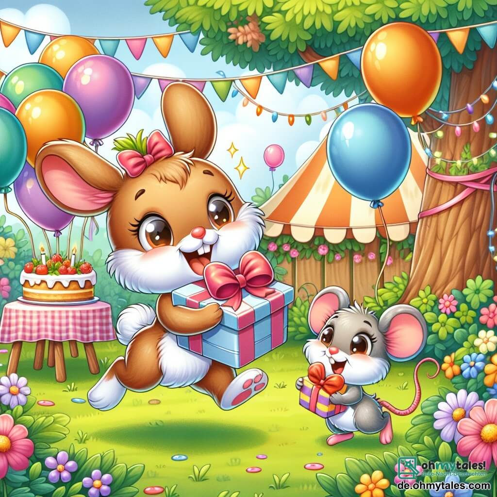 Ein kleiner Hase mit großen Ohren und braunem Fell, dessen Augen vor Freude strahlen, springt glücklich in einem bunten Garten, umgeben von Ballons und Girlanden. Neben ihm steht eine kleine graue Maus mit einer roten Schleife auf dem Kopf, die lächelt und voller Begeisterung ein sorgfältig verpacktes Geschenk hält, bereit, es dem Hasen zu überreichen. Der Garten blüht mit leuchtenden, bunten Blumen, einem großen schattigen Baum und einem Tisch, der mit einer köstlichen Karotten-Torte dekoriert ist. Die Szene zeigt ein fröhliches Fest, bei dem der Hase plant, seinem Papa eine unvergessliche Vatertagsüberraschung zu bereiten, umgeben von seinen Freunden.