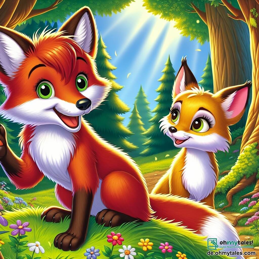 Ein junger Fuchs mit leuchtend rotem Fell und neugierigen Augen steht auf einem kleinen, grünen Vorsprung, der Wind spielt mit seinem Fell. Er lächelt begeistert und hebt eine Pfote, als wolle er mit seinen Freunden sprechen. Neben ihm sitzt eine Füchsin mit sanften goldenen Reflexen und intelligenten Augen, die ihm aufmerksam zuhört; ihr entschlossener Gesichtsausdruck verrät ihren Wunsch nach Veränderung. Sie sitzt im Gras, umgeben von bunten Blumen, bereit zu sprechen. Der Ort ist eine sonnige Lichtung, umgeben von großen Bäumen mit robusten Stämmen und leuchtend grünen Blättern, durch die Sonnenstrahlen auf den mit Wildblumen bedeckten Boden scheinen. Die Hauptsituation zeigt den Fuchs und die Füchsin, die eine Versammlung mit anderen Waldbewohnern organisieren, um über Gleichheit und die Wichtigkeit, jedem eine Stimme zu geben, zu diskutieren und eine Atmosphäre von Kameradschaft und Hoffnung zu schaffen.