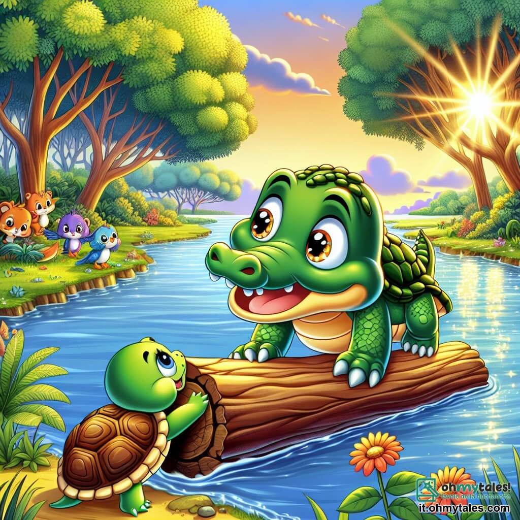 Un giovane coccodrillo di nome Carlo, con una pelle verde brillante e occhi curiosi, si trova sulla riva di un grande fiume, mostrando un'espressione determinata e gioiosa. Spinge un grosso tronco d'albero con le sue piccole zampe muscolose, circondato da una luce dorata del sole al tramonto. Accanto a lui, una dolce tartaruga di nome Tina, con un guscio colorato e un sorriso caloroso, lo incoraggia alzando le piccole zampe anteriori, pronta ad aiutare. Sullo sfondo, un gruppo di animali, tra cui un pappagallo colorato e un piccolo ratto, osserva con espressioni di speranza ed eccitazione. Il luogo è un magnifico fiume Aladino, circondato da fiori selvatici e grandi alberi con foglie lussureggianti, dove l'acqua scintilla come diamanti. La scena principale mostra Carlo e Tina uniti in uno sforzo collettivo per spostare il tronco che blocca il passaggio, simboleggiando l'amicizia e il lavoro di squadra.