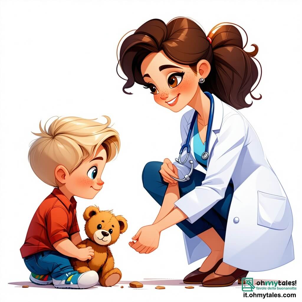 La dottoressa Anna, una donna dai capelli castani e ricci, indossa un camice bianco splendente. Ha un sorriso caloroso e occhi brillanti di benevolenza. È accovacciata mentre cura un bambino, Tommaso, di circa 6 anni, con un ginocchio graffiato. Tommaso, con capelli biondi e guance rosa, guarda Anna con ammirazione, tenendo un piccolo orsetto di peluche tra le braccia. Nella stanza, un'infermiera di nome Maria, una donna di circa trent'anni con capelli castani raccolti in uno chignon, osserva con un sorriso rassicurante, pronta ad aiutare. La sala di consultazione è luminosa, con pareti dipinte di azzurro pastello, poster colorati di disegni di animali e giocattoli sparsi su uno scaffale. La scena principale mostra Anna mentre mette un cerchio colorato sul ginocchio di Tommaso, che sorride, sollevato. I raggi di sole filtrano attraverso la finestra, creando un'atmosfera calda e accogliente.