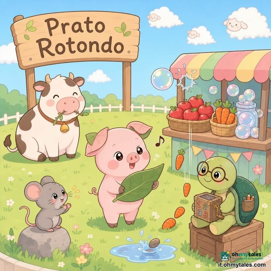 Un piccolo maialino rosa timido ma felice, orecchie a foglia leggermente ripiegate, guance rosate e occhi rotondi brillanti, in piedi su due zampe che canta tenendo una grande foglia come spartito; una piccola tartaruga sorridente con occhiali rotondi, Teresina, seduta su una cassa accanto a lui che ascolta mentre tiene una scatola meccanica decorata di numeri; un topolino curioso su un sasso davanti al maialino che applaude con le zampette anteriori; una mucca rotonda e dolce sullo sfondo che mastica un rametto, corpo maculato bianco e marrone; dietro di loro un banchetto di mercato colorato con ceste di mele rosse, mazzi di carote arancioni e vasetti di bolle di sapone; il tutto in un prato rotondo di erba verde, cielo azzurro pallido con poche nuvole a forma di pecora e un grande cartello di legno con scritto Prato Rotondo; la scena mostra il maialino che canta suscitando sorrisi e piccoli eventi divertenti (una bolla scoppia, una carota cade in fila, un sasso fa "plaff" in una pozzanghera); palette pastello tenue, contorni semplici e spessi, ombre minime per un effetto kawaii e leggibile per bambini.