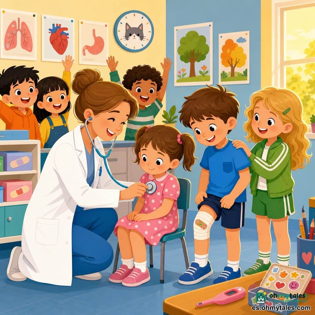 Médica sonriente de pelo castaño claro recogido en moño, con bata blanca, arrodillada y apoyando un estetoscopio azul pastel en el pecho de un niño; Sofia, unos 6 años, con coletas y vestido rosa de lunares, sentada y mirando el estetoscopio; Pablo, unos 7, pelo corto, rodilla vendada con un pequeño parche, de pie y sonriendo mostrando la herida; Carla, unos 7, pelo ondulado rubio y ropa deportiva verde, con una mano tranquilizadora en el hombro de Pablo; al fondo, tres niños (6–8 años) en semicírculo riendo y curiosos; pequeña sala médica escolar con paredes amarillo pálido y azul, estantería con vendas y una ventana que deja entrar luz dorada; ambiente amable, colores vivos y objetos infantiles visibles (caja de pegatinas, termómetro rosa).