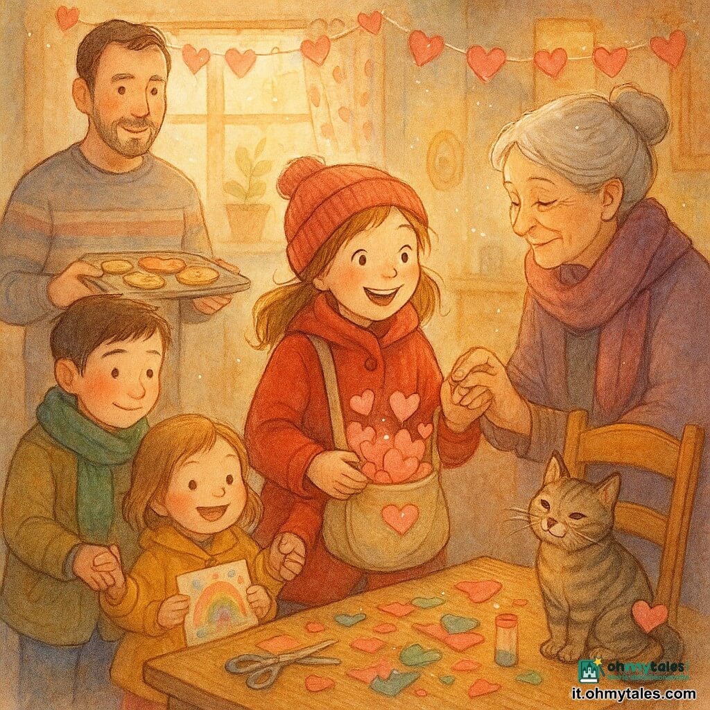 Una bambina di 8 anni, Lina, raggiante ed emozionata, capelli castano chiaro raccolti, cappotto rosso e berretto, tiene una borsa di stoffa piena di piccoli cuori di carta; attorno a lei famiglia e vicini in una cucina calda e accogliente: la nonna di circa 70 anni con capelli grigi raccolti e sciarpa prugna che le tiene la mano, il padre sui 35 anni con barba corta che porta un vassoio di biscotti, Samir di circa 9 anni con sciarpa verde che sorride timidamente tenendo la mano della sorellina e un cuore di carta, la sorellina di 4 anni con cappottino giallo che mostra un disegno colorato, e il gatto tigrato Piuma su una sedia con un cuore di carta appeso alla coda; sul tavolo materiali da bricolage, ritagli di carta colorata, colla e forbici, sopra la finestra una ghirlanda di cuori e una luce dolce di tardo pomeriggio che crea un'atmosfera conviviale e magica mentre Lina rientra sorpresa e riceve piccoli regali.