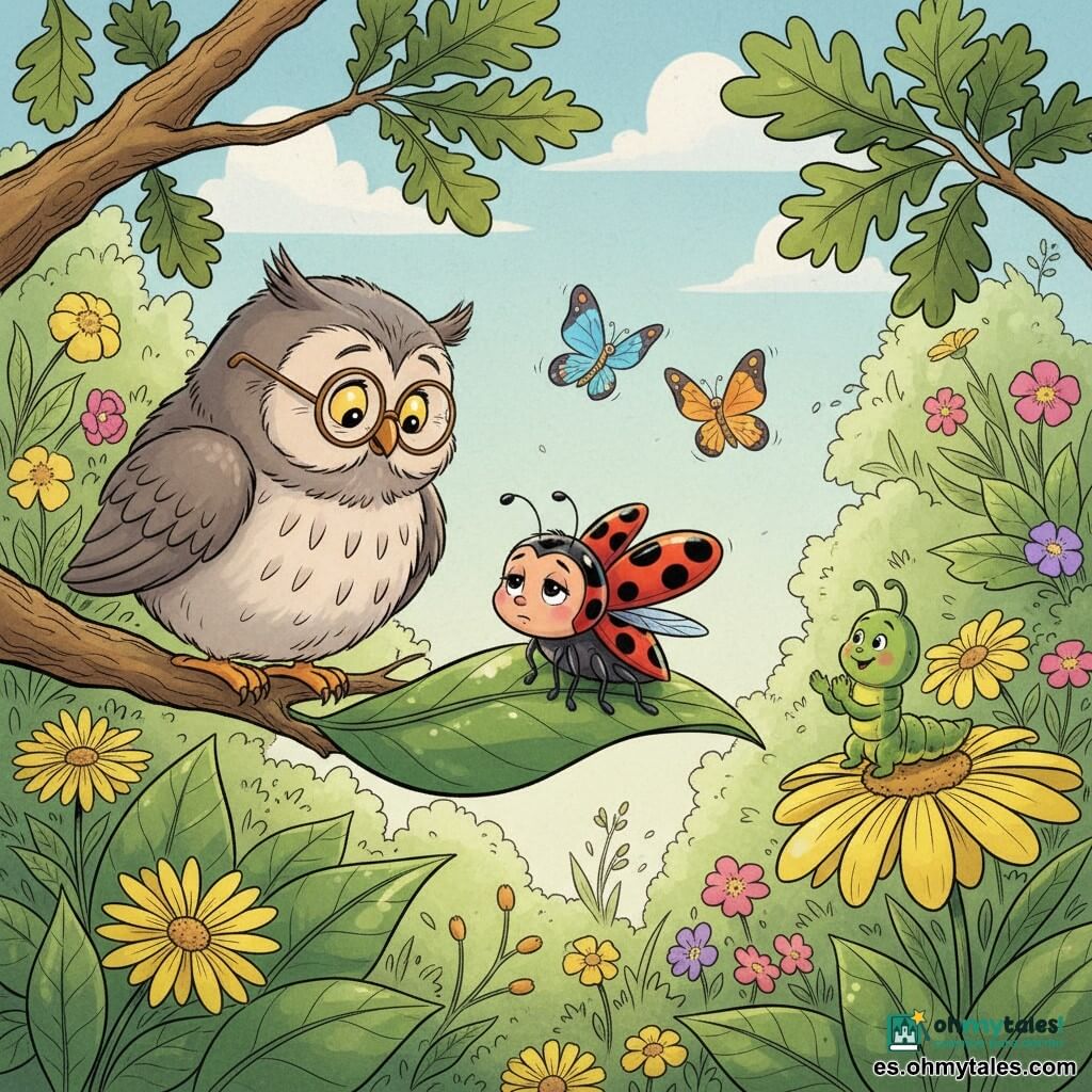 En primer plano, una pequeña mariquita roja con puntitos negros, algo fatigada pero valiente y con las alas ligeramente plegadas, posa sobre una gran hoja verde brillante; a la izquierda, Don Búho, un viejo búho redondeado de plumaje gris y gafas redondas, se apoya en una rama baja con aire benévolo y concentrado inclinando la cabeza como si la aconsejara; a la derecha, Clara la oruga verde, sonriente y curiosa, está sentada en una flor amarilla aplaudiendo suavemente; detrás, dos mariposas azul y naranja revolotean mirando con preocupación y apoyo; el jardín es luminoso y frondoso con flores de colores y un cielo azul con nubes, atmósfera tierna y reconfortante de cuidado, apoyo y esperanza.