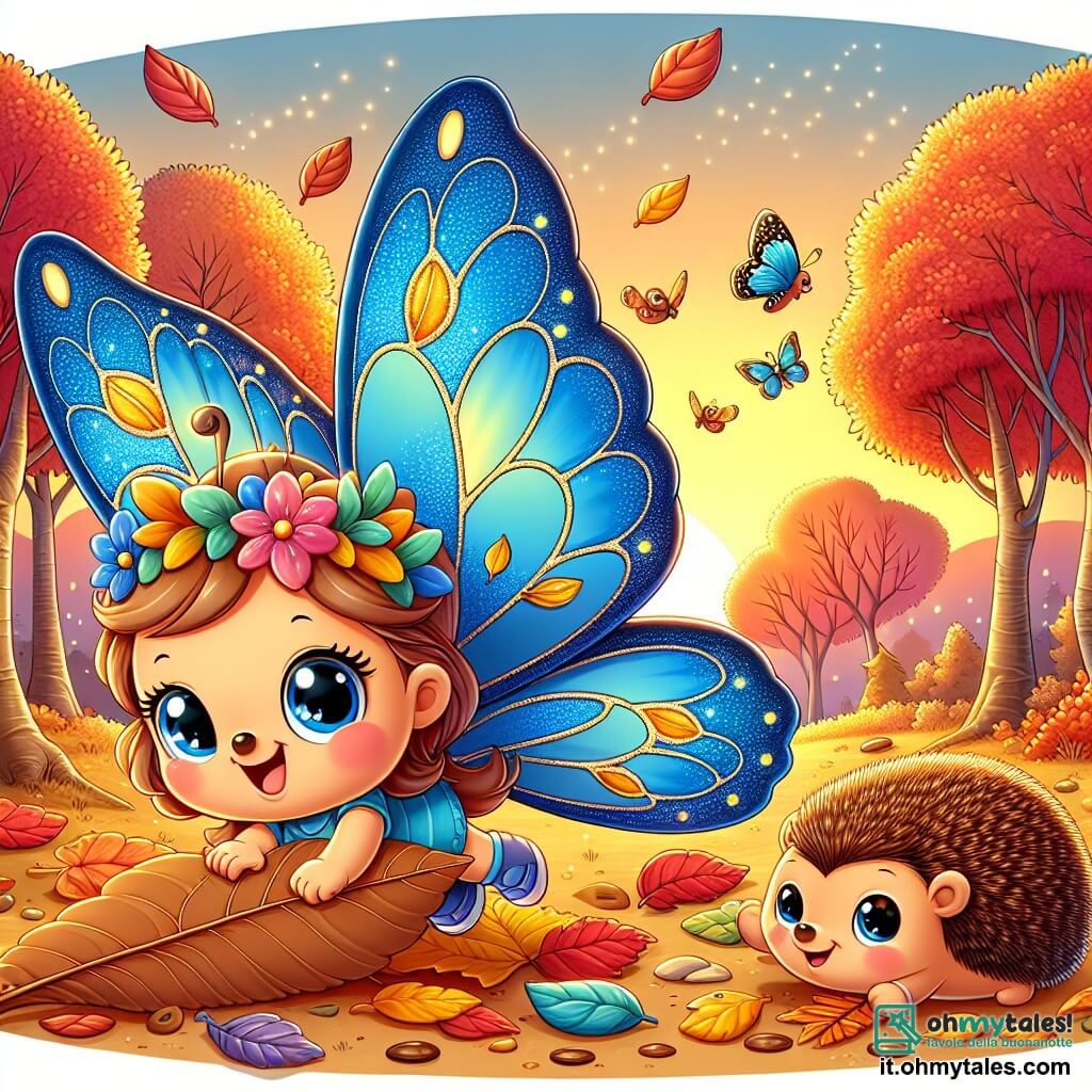 Un personaggio principale, una piccola farfalla colorata con ali blu e gialle brillanti, vola gioiosamente sopra un tappeto di foglie autunnali, il suo viso radioso di felicità e meraviglia. Accanto a lei, un piccolo riccio con il pelo marrone e occhi scintillanti di curiosità, rotola su una foglia secca, mostrando un sorriso giocoso. Sullo sfondo, una foresta incantata con alberi maestosi, le cui foglie fiammeggianti di rosso, arancione e oro, sono immerse nella luce dorata del sole al tramonto, creando un'atmosfera magica. La scena principale mostra la farfalla e il riccio che giocano insieme, raccogliendo foglie e semi, circondati dal dolce canto degli uccelli che si preparano per l'inverno.