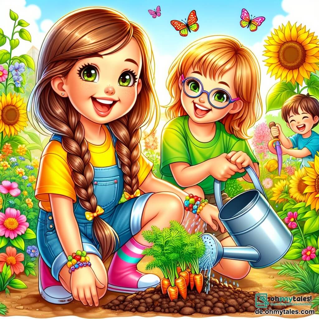 Ein 8-jähriges Mädchen, Lisa, mit langen braunen Haaren und strahlenden Augen, hockt in einem sonnigen Garten, ein strahlendes Lächeln auf ihrem Gesicht. Sie trägt ein leuchtend gelbes T-Shirt und eine Jeansshorts, ihre Hände sind schmutzig, während sie Karottensamen in ein kleines Loch pflanzt. Neben ihr lacht Mia, ein weiteres 8-jähriges Mädchen mit geflochtenen blonden Haaren, während sie eine kleine bunte Schaufel hält, bereit zu helfen. Etwas weiter entfernt gießt Tim, ein 8-jähriger Junge mit Brille und braunen Haaren, die Pflanzen mit einer großen Gießkanne und spritzt fröhlich Lisa nass. Der Garten ist ein wahres Paradies, voller bunter Blumen, grüner Gemüse und großer Sonnenblumen, die sanft im Wind wiegen. Bunte Schmetterlinge fliegen um sie herum und tragen zur fröhlichen Atmosphäre bei. Die Szene zeigt Lisa und ihre Freunde beim Pflanzen von Samen, erfüllt von Aufregung und Glück, umgeben von der Schönheit der Natur und der strahlenden Sonne.