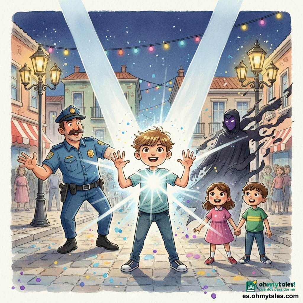 Protagonista: niño de 10 años convertido en superhéroe, cabello castaño claro brillante, mirada determinada y serena, rostro redondeado y sonriente, levanta ambas manos y proyecta un haz de luz blanco-azulada desde el pecho; secundario 1: policía de unos 35 años (Juan), con bigote y uniforme azul oscuro, expresión orgullosa y aliviada, detrás a la izquierda ayudando a la multitud a retroceder; secundario 2: villano (Sombra), figura delgada con capa negra y rostro parcialmente oculto por una sombra violeta que se disuelve en volutas; tres niños (dos niñas y un niño de 8–10 años) frente al héroe a la derecha, ropa colorida y ojos asombrados, manos juntas; lugar: plaza central empedrada de noche con faroles de hierro forjado y guirnaldas multicolores frente a edificios bajos de fachadas pastel; estilo: acuarela suave con salpicaduras controladas de azul, amarillo y violeta, contornos difuminados y reflejos brillantes en los adoquines húmedos; escena: batalla final pacífica donde la luz del niño disipa sombras que se desplazan en composición dinámica en V, luz en el centro y sombras hacia los bordes.