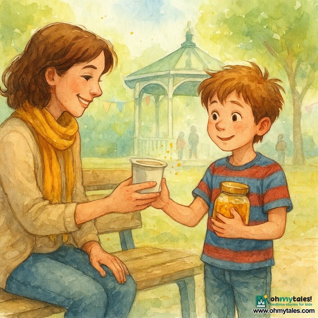 A 10-year-old boy, enthusiastic and slightly sheepish, with messy light-brown hair, a blue-and-red striped tee and worn jeans, carefully holds a paper cup of tea and clutches a small jar of honey like a treasure; his mother (about 35–40), with a soft smiling face and a mustard scarf, sits on a wooden bench to his left receiving the cup, glitter on the back of her hand; set in a round white-and-green music kiosk in a spring park with slightly worn wooden planks, pastel bunting, fresh-leaved trees and blurred walkers; a touching, slightly comic scene as the boy offers tea and shows the saved honey jar while the mother looks surprised and tender, warm bright atmosphere with golden watercolor drops around the jar and light splashes around the cup to emphasize the emotion.