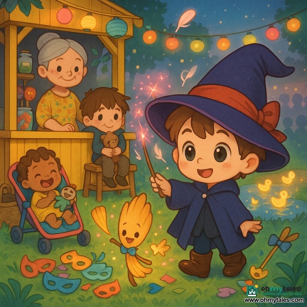 A young apprentice wizard boy (Milo, ~5) with a round face, bright eyes, an oversized purple hat with a red ribbon and squeaky boots waves a thin wooden wand that emits pink sparks and paper feathers; behind a small yellow fairground stall, Madam Poppy (~50) with grey hair in a bun and a floral dress watches proudly; a shy boy (~7) with messy brown hair sits near the counter relieved, holding a found comfort toy and looking gratefully at Milo; a baby girl with curly hair in a colorful stroller laughs while holding a recovered rattle by a wicker basket; an animated broom with golden bristles and a small blue bow hops beside Milo helping gather paper masks; jars on shelves, multicolored paper lantern garlands, sweets stalls and a small shiny pond surrounded by green grass set the scene; Milo casts a "thank you" spell that conjures a bridge of glowing paper ducks floating above the pond to rescue falling colorful masks as lanterns reflect in the water and a smiling crowd watches, creating an enchanting, joyful atmosphere.