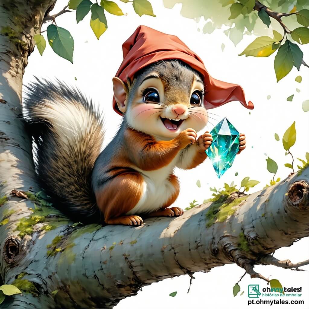 Um pequeno esquilo chamado Lili, com pelagem marrom e olhos brilhantes de curiosidade, sobe entusiasticamente em um grande galho de árvore, segurando um cristal brilhante em suas pequenas patas. Ele exibe um amplo sorriso, transbordando de empolgação e determinação. Ao seu lado, um gnomo chamado Tico, com barba branca e um chapéu pontudo vermelho, observa Lili com admiração, seus olhos redondos cheios de espanto, enquanto se mantém em um galho inferior, pronto para ajudar. Um travesso porquinho-da-índia chamado Pipo, com pelagem dourada e orelhas longas, está logo abaixo, com as patas levantadas, incentivando Lili com um olhar alegre. A cena acontece em uma floresta encantada, onde as árvores estão cobertas de neve cintilante e as luzes de Natal iluminam o ambiente, criando uma atmosfera mágica e festiva. Flocos de neve caem suavemente ao redor deles, acrescentando à beleza da cena. Lili, Tico e Pipo estão em uma missão para encontrar o cristal mágico que iluminará a grande árvore de Natal de sua vila, e estão prestes a ter sucesso, cheios de esperança e amizade.