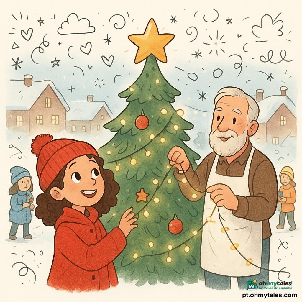 Uma menina de 10 anos, chamada Sofia, com cabelos castanhos cacheados e um sorriso radiante, veste um casaco vermelho vivo e um gorro com pompom. Ela olha maravilhada para uma grande bola dourada no topo de uma árvore de Natal. Ao seu lado, um homem de cerca de 50 anos, o Sr. Martim, com barba branca e avental de padeiro, ajusta uma guirlanda luminosa na árvore. Atrás deles, um grupo de crianças de diferentes idades, vestidas com casacos coloridos, pendura decorações na árvore. A cena acontece em uma praça coberta de neve, cercada por casas com telhados cobertos de neve e luzes de Natal cintilantes. A situação principal mostra Sofia e os moradores unidos ao redor da árvore, criando uma atmosfera calorosa e festiva.