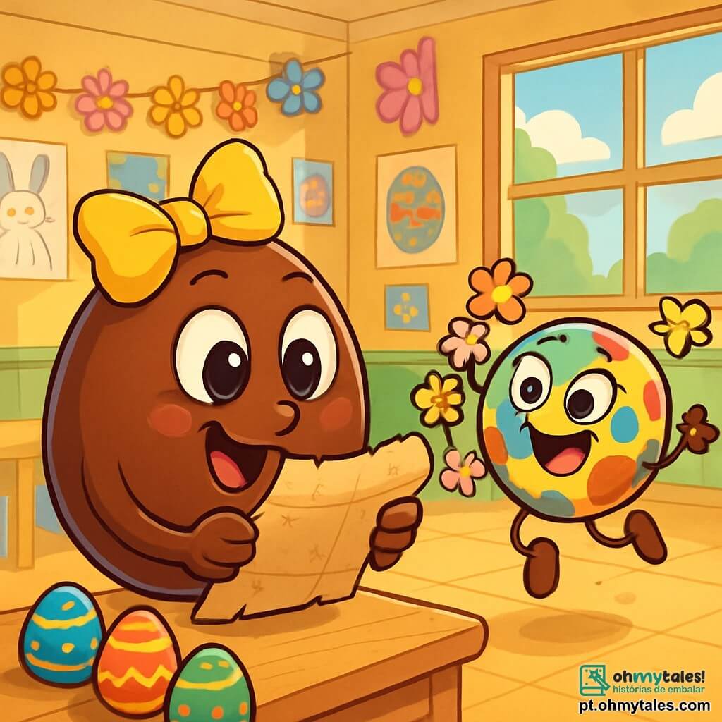 Um ovo de chocolate chamado Ovoleta, com olhos brilhantes e um grande laço amarelo, observa com curiosidade um antigo papel dobrado, seu rosto expressando maravilha e excitação. Ao seu lado, Confetinho, um pequeno doce colorido com um sorriso travesso, salta de alegria, seus olhos brilhando de malícia, segurando uma guirlanda de flores de papel. A cena ocorre em uma sala de aula iluminada, decorada com enfeites de Páscoa: ovos pintados, guirlandas de flores e desenhos de coelhos pendurados nas paredes. Ao fundo, uma janela deixa entrar a luz do sol, iluminando a atmosfera festiva. Ovoleta e Confetinho descobrem juntos um misterioso papel antigo, revelando um segredo sobre as lendas da Páscoa, enquanto a excitação da aventura os envolve em uma aura mágica.
