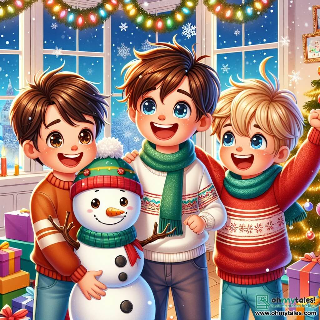 Max, a 7-year-old boy with brown hair and sparkling eyes, stands on the left, smiling widely while holding a colorful gift. To his right, Leo, a 6-year-old boy with messy blonde hair and a red sweater, laughs with his arms raised, eager to share his gifts. Finn, a 7-year-old boy with brown hair wearing a green scarf, is in the center hugging a little snowman named Snowy, who has a warm smile and branch arms. 

The scene takes place in a festive classroom decorated with sparkling garlands and a large illuminated Christmas tree, with snowflakes gently falling outside the window. The walls are adorned with children's drawings and multicolored lights, creating a joyful atmosphere.

The three friends, surrounded by Christmas magic, are ready to share gifts and hugs, filling the room with laughter and warmth, while Snowy reminds them that Christmas is a time for sharing and joy.