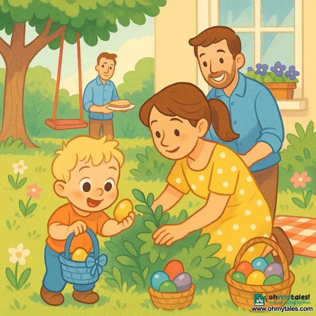 A 2-year-old boy with round bright eyes, rosy cheeks and tousled blond hair, smiling in wonder as he holds a small blue woven basket with a ribbon and picks up a golden Easter egg; a mother (about 30) with brown hair in a ponytail in a yellow polka-dot dress crouches by a bush, gently moving leaves to help him; a father (about 32) with light beard and a blue shirt stands behind a picnic blanket, holding a toast on a plate and smiling; sunny morning garden with dense green grass, pink and white flowers, a tree with a red swing to the left and a white house window with violets on the sill; joyful, calm Easter egg hunt with baskets of colorful eggs (blue, red, purple, green, gold); soft-line graphic style, saturated pastels and light textures on grass and clothing, clear childlike facial expressions.