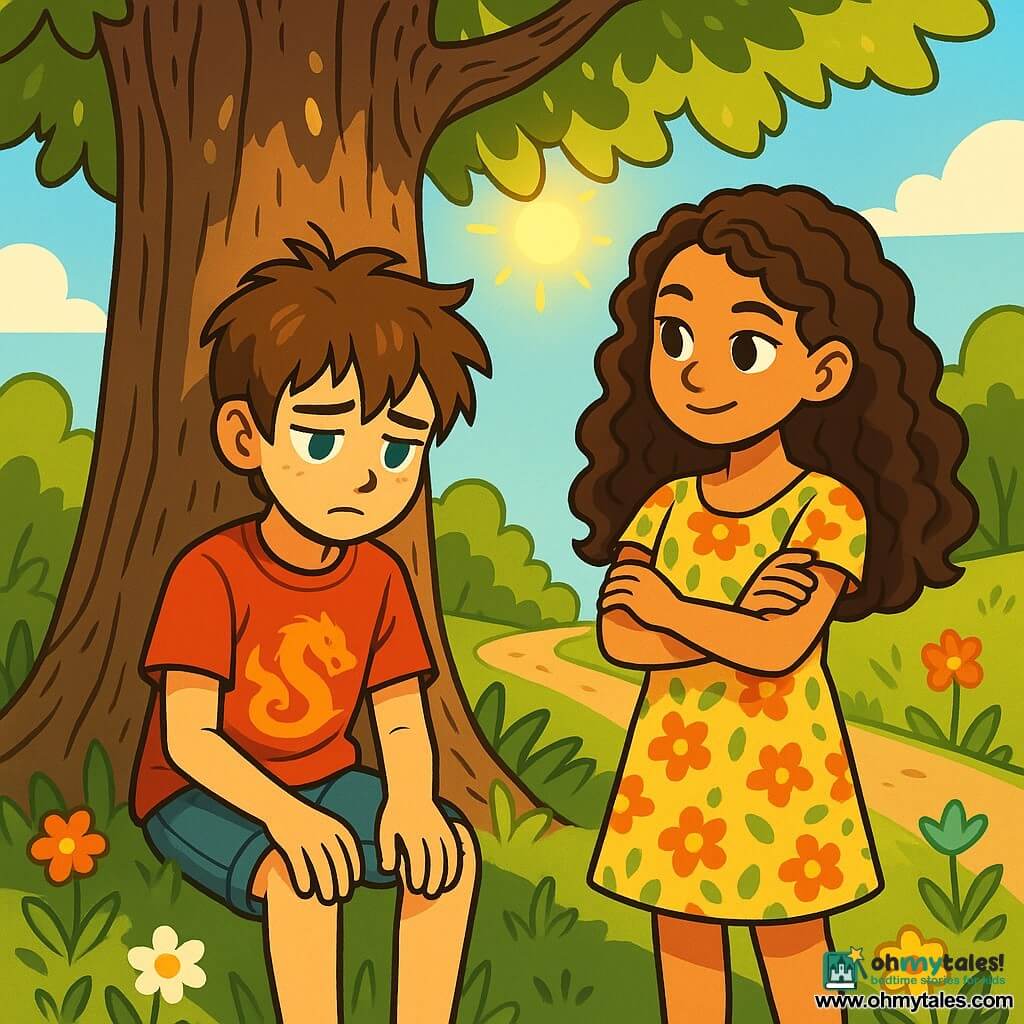 A 12-year-old boy, Leo, with tousled brown hair and bright blue eyes, sits under a large oak tree, looking thoughtful and a bit worried. He wears a red t-shirt with a dragon design and denim shorts, his hands resting on his knees as he gazes at the ground, lost in thought. Next to him, Mia, a 12-year-old girl with long curly hair dressed in a floral dress, looks at him with an encouraging expression, arms crossed, as if inviting him to speak. In the background, the sun shines through the green leaves, creating dancing shadows on the ground, and colorful wildflowers line the dirt path. The scene captures a moment of reflection where Leo hesitates to share his secret, illustrating the struggle between lies and truth.