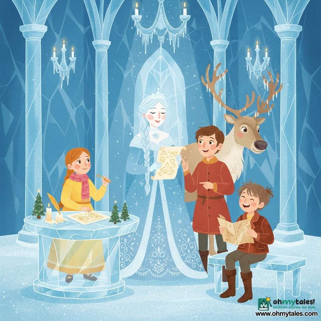 The Snow Queen (from Hans Christian Andersen), a serene, kind woman with a pale face, slightly rosy cheeks, long icy-blue braided hair and a sparkling gown decorated with silver snowflakes, holds a glowing parchment and smiles gently; Kai, a about 10-year-old boy with brown hair in a brick-red coat stands to her right, enthusiastic and pointing at the parchment; Gerda, about 10, in a bright yellow dress and pink scarf stands left by an ice table holding a golden quill ready to write; a large beige-furred reindeer with antlers draped in small stalactites stands behind Kai, calm and protective; the Little Thief, about 12, with short messy hair and a brown leather jacket, sits on an ice bench in the foreground, grinning mischievously and holding a map. The great ice hall has translucent blue walls, crystal columns, a silver-snow carpet and stalactite chandeliers casting cool soft light; a central table displays an open parchment with golden words, quills, melting ice candles and small fir decorations, symbolizing a charter of warmth and friendship. Clear, centered composition, pastel palette with warm accents (red, yellow, gold), clean outlines and simple shapes, readable expressions and welcoming gestures; flat vector illustration style with whimsical decorative elements and a magical, cozy atmosphere.