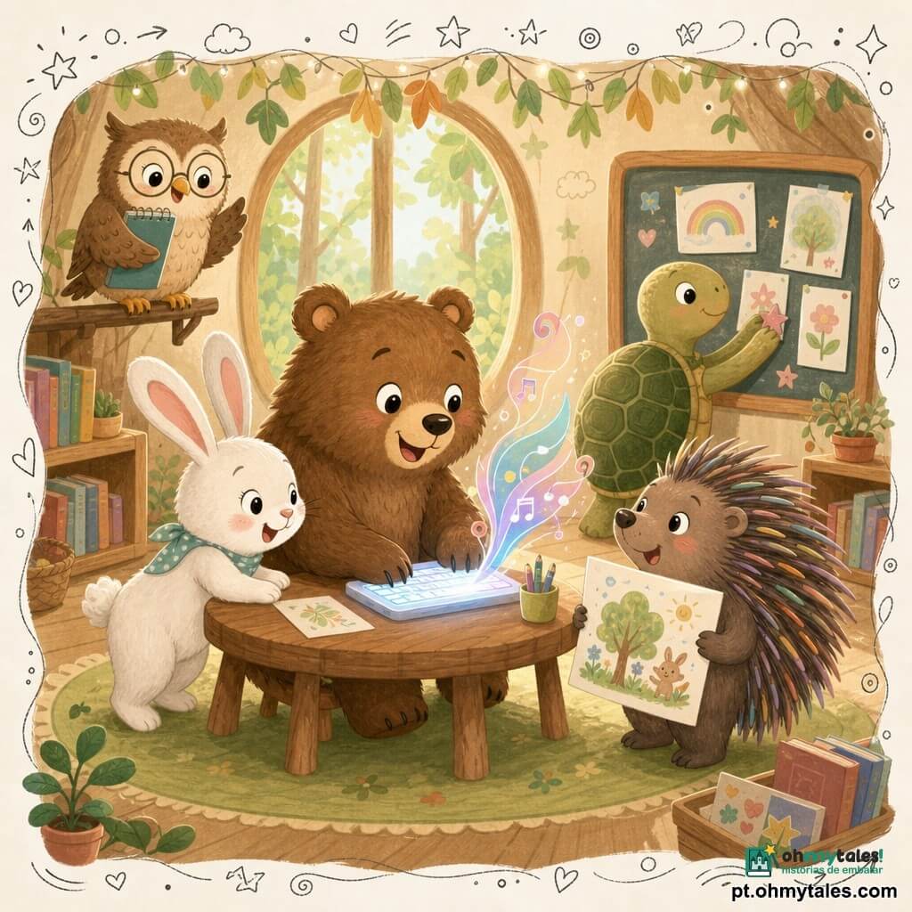 Um grande urso pardo de pelagem macia e olhos redondos, sorrindo e concentrado, sentado numa pequena cadeira de madeira a segurar um teclado luminoso do qual saem notas coloridas como se ele lesse em voz alta; à esquerda, um coelho branco de orelhas longas, alegre e curioso, inclina-se para ver a tela com uma pata na mesa; à direita, um porco‑espinho de espinhos suaves e coloridos, tímido e maravilhado, mostra um desenho; atrás, uma tartaruga de carapaça verde, calma e paciente, organiza folhas e cola autocolantes numa cartolina; a professora coruja, num poleiro junto ao quadro, sorri benevolente e aplaude segurando um caderno; a cena decorre numa sala de aula luminosa na floresta com janelas grandes, guirlandas de folhas, estantes de madeira com livros coloridos e desenhos infantis nas paredes; situação principal: o urso usa seu teclado mágico para contar a história em voz alta enquanto os amigos o escutam e participam, ambiente acolhedor, cores pastéis vivas, texturas suaves e traços arredondados.