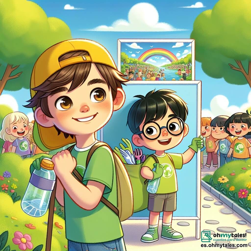 Un niño de 11 años, Diego, está en el centro de la imagen, con cabello castaño desordenado y ojos brillantes de curiosidad. Lleva una gorra amarilla, una camiseta verde y un pantalón corto de mezclilla, mientras sostiene un gran cartel colorido que dice "Cuidemos nuestro hogar". Su rostro expresa una alegría decidida, listo para inspirar a otros a actuar por el planeta. A su lado, Pablo, un niño de 11 años con cabello negro y gafas redondas, sonríe sosteniendo una botella de agua y una bolsa llena de guantes y material de limpieza. Está un poco atrás, mirando a Diego con admiración, listo para ayudar en su misión. Al fondo, el parque de Valverde es vibrante, con árboles verdes, flores brillantes y un cielo azul claro con algunas nubes blancas. Niños juegan y ríen, mientras familias se reúnen para participar en una jornada de limpieza y concienciación ambiental. La escena principal muestra a Diego y Pablo, rodeados de otros niños, preparando una gran actividad de limpieza del parque, ilustrando su compromiso de proteger la naturaleza y concienciar a su comunidad sobre el cambio climático.