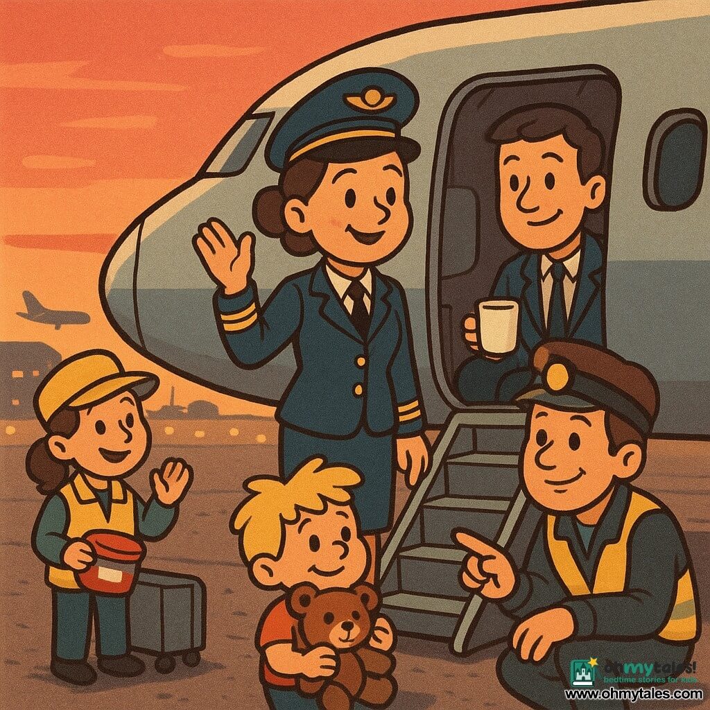 A woman pilot (Captain Maya), serene and proud, smiling with round cheeks, brown hair in a bun, wearing a navy pilot uniform with gold stripes, standing at the aircraft door and raising her hand to salute; soft twilight light on her face. A male first officer (Sam, ~30), warm and calm expression, short hair, open pilot jacket, holding a small cup of cocoa, standing just inside the door looking at the woman pilot. A boy (~5), tousled blond hair, clutching a brown teddy bear, seated on the last row near the door, smiling relieved at the adults. A female ground crew member (~40) in a bright yellow vest and cap, holding a tin of biscuits and waving from the tarmac beside a cart. A male ground crew member (~35) in a yellow vest with a headlamp, crouched by the boarding stairs, smiling and softly pointing toward the plane. Scene: in front of a large silver aircraft at the gate at dusk, runway lined with small yellow lights, pink-orange sky, silhouettes of other planes and hangars in the background, textured tarmac with footprints and tar marks. Main moment: a warm post-landing exchange of thanks between crew and ground staff; calm, friendly atmosphere with gestures of gratitude, warm colors, composition centered on the aircraft door and illuminated faces.