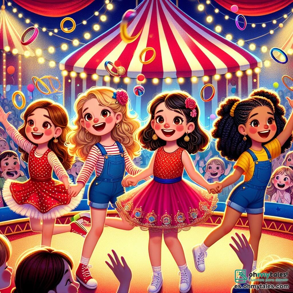 En el centro de la imagen, cuatro niñas de 10 años, Lucía, Sofía, Carla y Valentina, están reunidas en un colorido escenario de circo. Lucía, con largos cabellos castaños y un vestido rojo con lunares blancos, lanza un aro al aire con una gran sonrisa. A su izquierda, Sofía, con cabello rubio y rizado, lleva un tutú rosa y aplaude alegremente. A la derecha, Carla, con cabello negro trenzado y una camiseta azul, intenta atrapar un aro que cae. Finalmente, Valentina, con cabello castaño y un overol amarillo, ríe mientras observa el divertido caos a su alrededor. El decorado es un circo vibrante, lleno de luces brillantes y globos coloridos. En el fondo, una carpa a rayas rojas y blancas se eleva majestuosamente, mientras que los espectadores ríen y aplauden, creando una atmósfera festiva. La situación principal muestra a las cuatro amigas intentando hacer malabares con aros que vuelan en todas direcciones, provocando risas y momentos de pura alegría. La imagen captura la energía y la emoción de un espectáculo de circo, donde la amistad y la diversión son el centro de la acción.