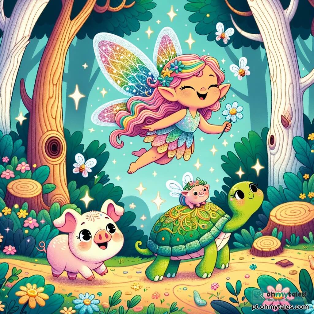 Uma fada chamada Lila, com asas cintilantes nas cores do arco-íris, voa alegremente sobre um caminho florido. Seu rosto brilha com um grande sorriso, e seus cabelos longos e ondulados brilham como estrelas. Ela segura em suas mãos uma pequena flor mágica, pronta para oferecer aos amigos. Ao seu lado, um porquinho travesso chamado Biscoito, com pelagem suave e rosa, salta de alegria em suas patas traseiras, seus olhos brilhando de excitação. Um pouco mais adiante, uma tartaruga chamada Tati, com uma carapaça verde adornada com padrões dourados, avança lentamente, observando a cena com curiosidade. A cena se passa em uma floresta mágica, onde grandes árvores de troncos retorcidos se erguem em direção ao céu, suas folhas brilhantes cintilando à luz do sol. Flores coloridas cobrem o chão, e vaga-lumes dançam ao redor, adicionando um toque de magia à atmosfera. Lila, Biscoito e Tati se preparam para descobrir uma luz misteriosa emanando de uma grande árvore antiga, simbolizando sua busca por aventura e amizade neste mundo encantado.