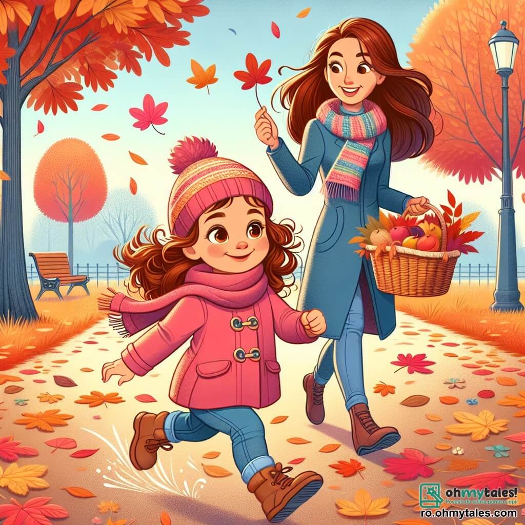 O fetiță de 2 ani, Mila, cu ochi mari și strălucitori și păr castaniu creț, aleargă vesel într-un parc de toamnă, râzând în hohote în timp ce încearcă să prindă frunze roșii și aurii care cad din copaci. Ea poartă o jachetă roz și o căciulă de lână, ceea ce îi accentuează zâmbetul minunat. Aproape, mama ei, o femeie de aproximativ 30 de ani, cu păr lung și drept, îmbrăcată într-un palton albastru și o eșarfă colorată, o observă cu dragoste, zâmbind și ținând un coș plin cu mere. Se află ușor în spate, încurajând-o pe Mila să se distreze. Locul este un parc plin de culori de toamnă, cu copaci cu frunze strălucitoare, cărări acoperite cu frunze uscate și un cer albastru deschis presărat cu nori pufoși albi. Situația principală o arată pe Mila alergând după o frunză care zboară în vânt, plină de energie și curiozitate, în timp ce mama ei o încurajează cu o privire iubitoare, creând o scenă caldă și veselă care celebrează magia toamnei.