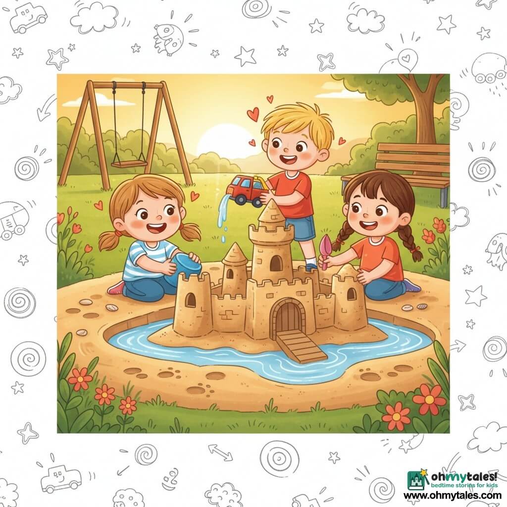 A 4-year-old girl with a round face and light brown hair in small pigtails, sparkling eyes, a wide joyful smile and sandy hands pushing a blue bucket to form a castle tower; another ~4-year-old girl with brown hair in braids, shy-then-enthusiastic expression, holding a small pink shovel and adding shells to the walls beside her; a ~5-year-old boy with messy blond hair in a red T-shirt pushing a red toy truck to dig the moat and pouring water around the castle, slightly behind them; setting: sandbox in a park at early-evening golden light with green grass, colorful flowers, a swing and a wooden bench in the background and small footprints around the castle; scene: the three children build a detailed sandcastle with towers, a small drawbridge and a water-filled moat, scattered buckets and shovels, laughter suggested by motion lines and doodled hearts and stars around their faces.