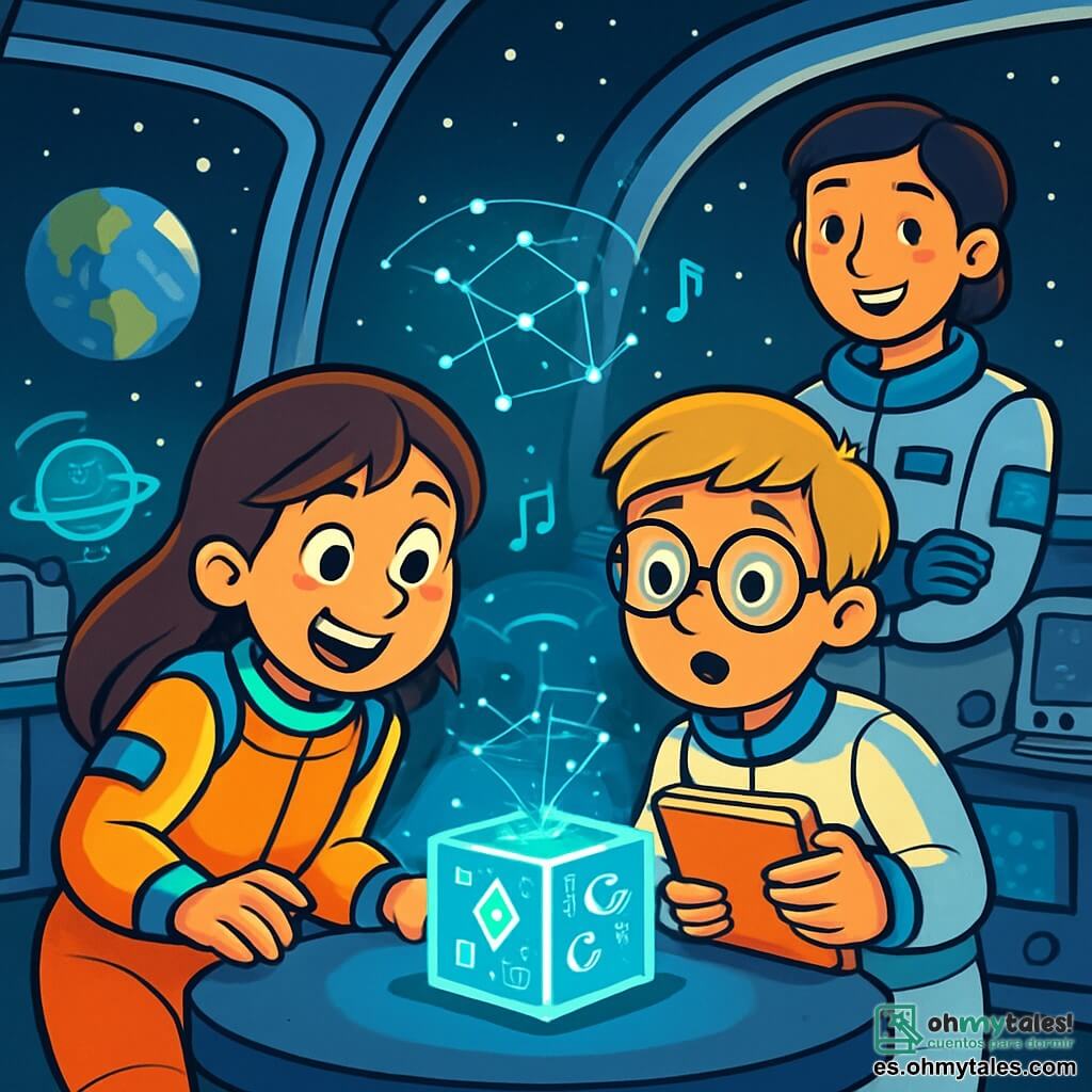 Una niña de 12 años, con largos cabellos castaños y ojos llenos de curiosidad, se inclina maravillada sobre un pequeño cubo de cristal brillante, iluminado por símbolos extraños. Lleva un traje espacial ligero y colorido, y su rostro expresa una emoción palpable, con una amplia sonrisa y mejillas sonrojadas por el entusiasmo. A su lado, un niño de 12 años con cabello rubio y gafas redondas observa atentamente el cubo, los ojos muy abiertos, sosteniendo un cuaderno de notas. Más lejos, la comandante Lin, una mujer de unos treinta años con cabello corto y un uniforme de astronauta, los observa con una sonrisa benevolente, lista para guiarlos en este fascinante descubrimiento. El escenario es una cúpula de observación futurista en la base lunar Aurora, con grandes ventanas transparentes que revelan la Tierra flotando en el cielo negro estrellado. Instrumentos científicos y pantallas holográficas rodean a los niños, creando una atmósfera de exploración y descubrimiento. La situación principal muestra a la niña y sus amigos descubriendo el cubo misterioso, proyectando una imagen de mapas estelares en el aire, mientras una melodía suave e intrigante sale del cubo, llenando el espacio de una magia extraterrestre.