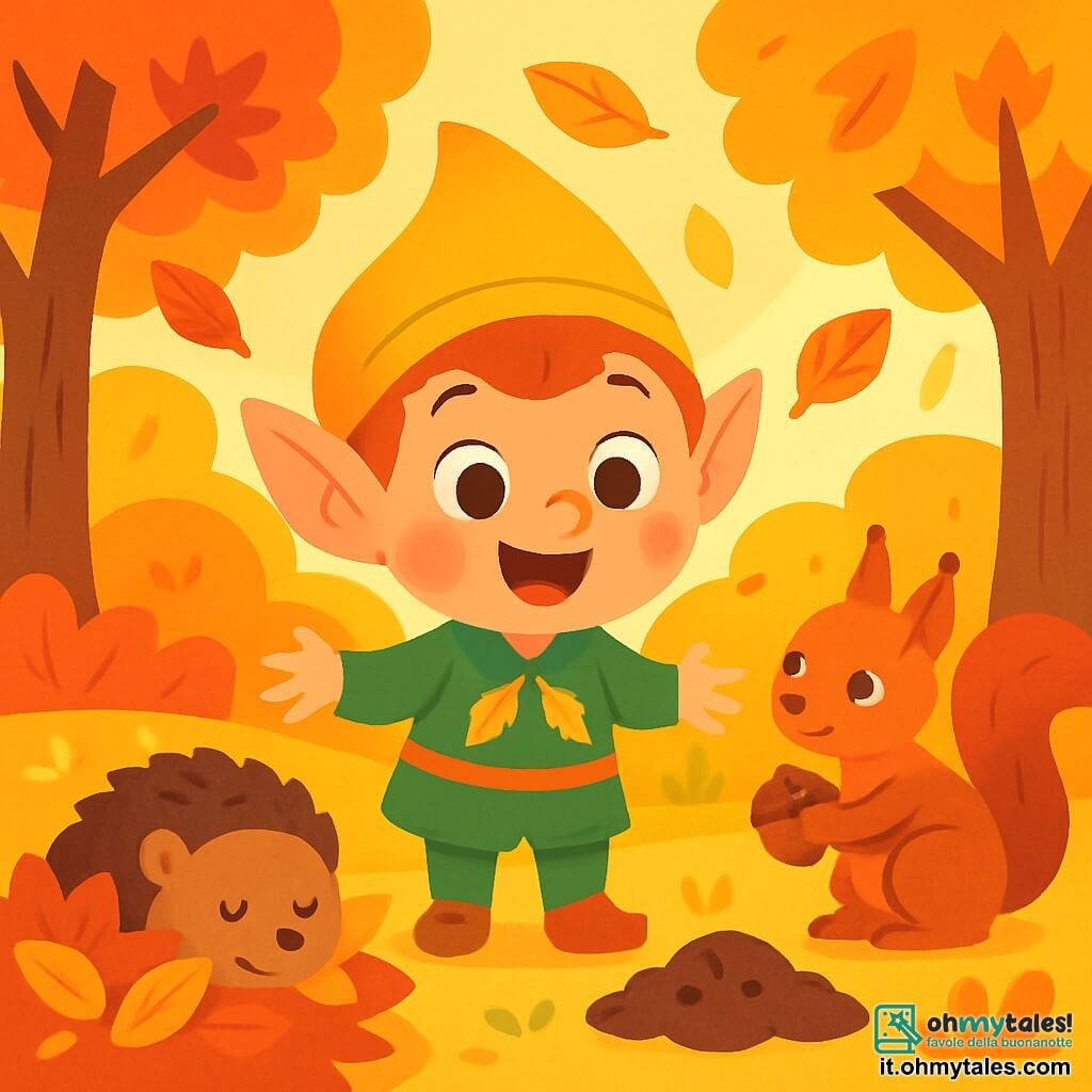 Un piccolo folletto gioioso con grandi orecchie a punta e occhi scintillanti, indossando una tunica verde decorata con foglie dorate, si trova al centro di un giardino autunnale. Sorride meravigliato guardando le foglie colorate che cadono dagli alberi. Alla sua destra, un piccolo scoiattolo dai peli rossi e dagli occhi maliziosi, con una noce tra le zampe, osserva il folletto con curiosità, pronto a saltare. A sinistra, un riccio con il pelo marrone si accoccola in un mucchio di foglie dorate, sembrando pacifico e addormentato. Il giardino è pieno di alberi maestosi con foglie vivaci, mentre i raggi di sole filtrano tra i rami, creando dolci ombre sul terreno. Il folletto, incantato dalla bellezza dell'autunno, si prepara a piantare piccole sementi nel terreno, circondato dai suoi amici animali, creando un'atmosfera calda e gioiosa.