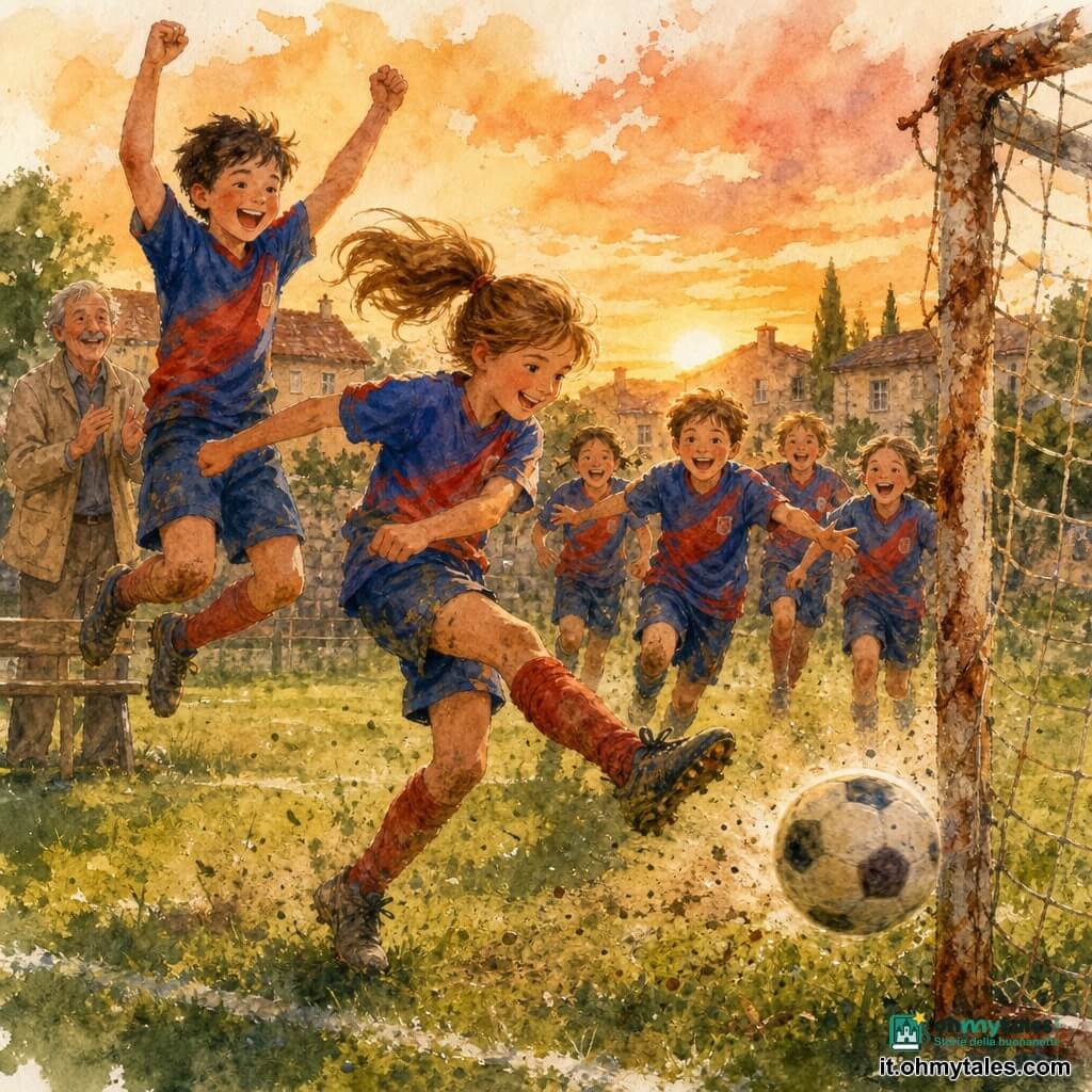 Aurora, giovane giocatrice dal volto radioso e deciso, capelli castano chiaro raccolti in coda, calcia con forza verso la porta mentre il pallone è in aria; Marco, ragazzo di 11–13 anni dai capelli neri corti, salta di gioia alla sua sinistra; il signor Bruno, circa 65 anni, con capelli grigi e baffo sottile, applaude in panchina; altri bambini della squadra corrono verso Aurora con maglie abbinate e ginocchia sporche d’erba. Campo da calcio di paese al crepuscolo con erba irregolare, pali metallici leggermente arrugginiti e reti consumate, case in pietra e alberi sullo sfondo; luce calda arancione del sole basso, tocchi acuarelati che evocano polvere d’erba. Tavolozza calda di aranci e rosa per il cielo, verdi profondi per il prato, accenti vivaci di blu e rosso per le maglie; inquadratura leggermente dal basso con Aurora al centro e profondità che sfuma compagni e spettatori.