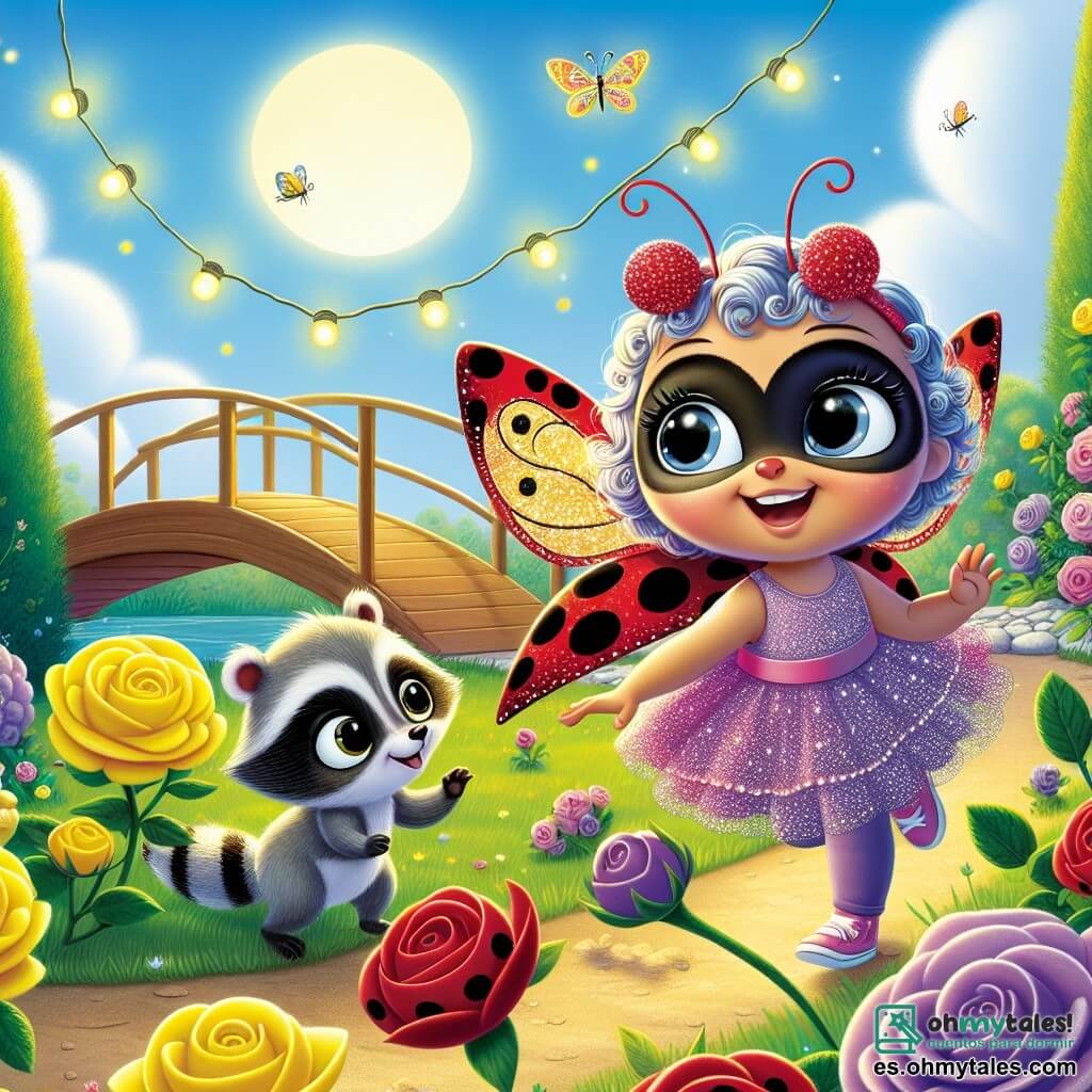 Una pequeña mariquita de alas rojas brillantes y puntos negros, llamada Lila, se encuentra en el centro de la escena, sonriendo con valentía y alegría. A su lado, un pequeño mapache llamado Rayo, con pelaje gris y ojos brillantes, levanta las patas en señal de agradecimiento mientras se libera de las ramas de un arbusto. Al fondo, una mariposa colorida, Pinta, vuela alegremente a su alrededor, añadiendo un toque de magia a la escena. El decorado es un jardín encantador, lleno de flores vibrantes en tonos de rosa, amarillo y violeta, bajo un cielo azul claro con nubes blancas esponjosas. Luciérnagas brillan alrededor, iluminando el camino hacia un puente de madera que conduce a un misterioso bosquecillo. La situación principal muestra a Lila y sus amigos unidos, listos para cruzar el Puente de las Sombras, simbolizando su valentía y amistad mientras se preparan para vivir una gran aventura juntos.