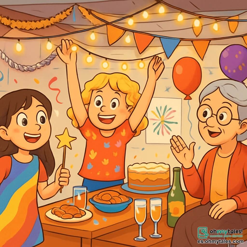 Hay 3 personajes: - Clara: una niña de 10 años con cabello largo y castaño y ojos brillantes. Lleva un vestido colorido y sostiene una varita mágica, sonriendo con entusiasmo. - Lucía: una niña de 10 años con cabello rubio y rizado, vestida con una camiseta de motivos festivos. Está decorando la pared con guirnaldas brillantes, mostrando una gran sonrisa. - La abuela Rosa: una mujer mayor con cabello gris y gafas redondas, vestida con un suéter rojo. Está sentada en una silla, contando una historia cautivadora a los adultos, con una expresión bondadosa. El lugar es un sótano festivo, lleno de luces brillantes y decoraciones coloridas. Guirnaldas doradas y plateadas cuelgan del techo, mientras una gran mesa está cargada de deliciosos bocados y bebidas espumosas. Las paredes están adornadas con dibujos y globos, creando un ambiente cálido y alegre. La situación principal muestra a Clara y Lucía, rodeadas de sus familias, celebrando el Año Nuevo. En el momento en que el contador llega a la medianoche, serpentinas flotan en el aire, iluminando la cara maravillada de todos. Las risas y aplausos resuenan, creando una atmósfera mágica y festiva.