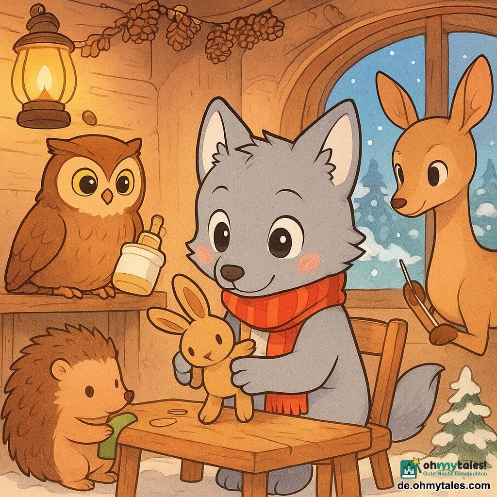 Die Hauptfigur ist ein kleiner hellgrauer, anthropomorpher Wolf namens Luki mit großen runden Augen und rosa Wangen, schüchtern lächelnd, der auf einem kleinen Holzstuhl sitzt, eine rot gestreifte Schal trägt und einen gebrochenen Holzhasen repariert; links sitzt die braune Eule Emma mit goldenen Augen auf einem Regal und reicht mit dem Flügel einen Klebetopf, ein runder brauner Igel bringt Schaumstoffstreifen und steht bei Lukis Füßen, ein anmutiges lächelndes Reh hält Nadel und Faden hinter dem Tisch bereit zu helfen; Schauplatz ist eine verschneite Lichtung als gemütliche Werkstatt mit Holztisch, warmen Laternen, Zapfengirlanden und schneebedeckten Tannen am Fenster; Szene: gemeinsame Reparatur des Spielzeugs, zärtliche Gesten, goldenes Licht, warme Farben und sanfte Kontraste im einfachen expressiven Manga-Stil.