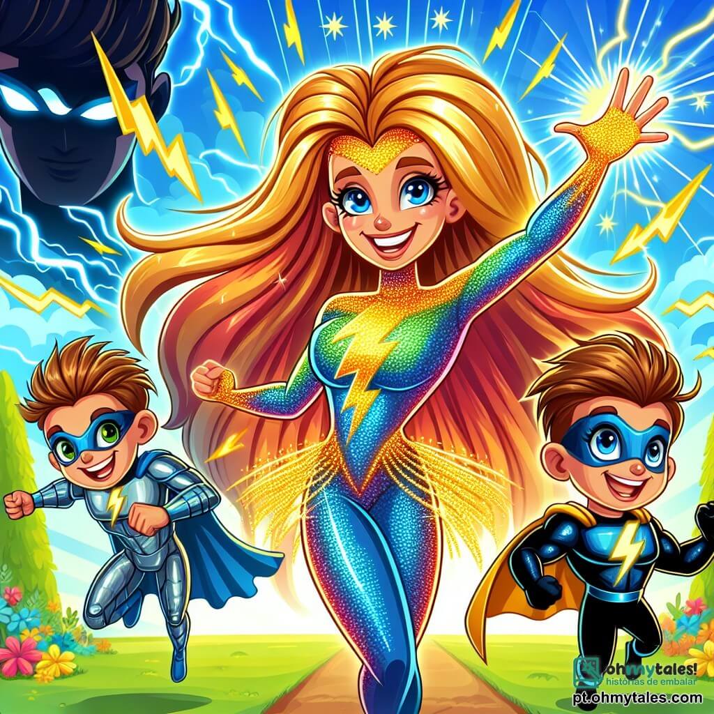 No centro da imagem, Luz Radiante, uma super-heroína, se destaca com seus longos cabelos dourados brilhando como o sol e seus olhos azuis cheios de determinação. Ela veste um traje colorido que brilha, com uma capa esvoaçante atrás de si, levantando uma mão para o céu e emitindo raios de luz que iluminam a cena. À sua direita, Tempestade Veloz, um garoto de 10 anos com cabelos desgrenhados e expressão alegre, corre rapidamente, criando redemoinhos de vento. Ele usa um traje azul com raios amarelos e um sorriso confiante. À sua esquerda, Proteção de Ferro, um garoto de 12 anos com armadura brilhante e olhar sério, se prepara para defender Luz Radiante, com os braços cruzados e pronto para agir. O cenário é um parque vibrante de Lumiville, com árvores coloridas, flores brilhantes e um céu azul claro, onde uma sombra ameaçadora, representando Sombra Maligna, se perfila ao longe. A cena é cheia de energia, com flashes de luz e movimentos dinâmicos, ilustrando o momento crucial em que os heróis se unem para combater a escuridão.