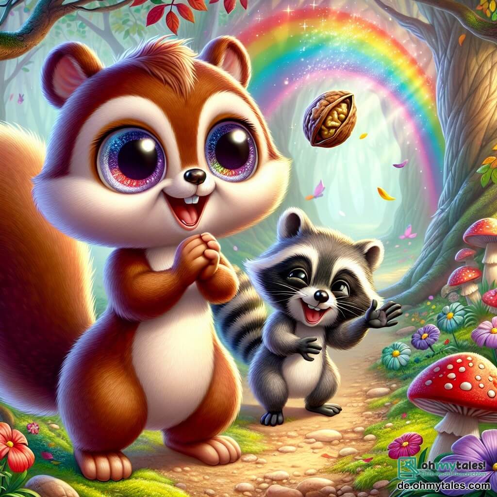 Max, ein kleines Erdhörnchen mit funkelnden Augen und braunem Fell, steht im Mittelpunkt der Szene, die Pfoten in die Luft erhoben, erstaunt über einen bunten Regenbogen, der über ihm leuchtet. Sein Gesichtsausdruck zeigt Überraschung und Freude, mit einem großen Lächeln. Neben ihm lacht Lenny, ein schelmischer Waschbär mit grauem Fell und schwarzen Streifen, seine Augen glänzen vor Schalk. Er hält eine schwebende Nuss in einer Hand, als hätte er ein magisches Geheimnis entdeckt. Die Kulisse ist eine verzauberte Lichtung, umgeben von Bäumen mit verdrehten Stämmen und bunten Blättern, wo seltsame Blumen im Wind tanzen. Der Boden ist mit leuchtend bunten Pilzen übersät, und ein sanfter Sonnenstrahl filtert durch die Äste und schafft eine märchenhafte Atmosphäre. Die Hauptsituation zeigt Max und Lenny, die ihre neuen magischen Fähigkeiten entdecken, während Früchte und Blumen um sie herum schweben, in einer fröhlichen und verspielten Stimmung, erfüllt von Magie und Staunen.