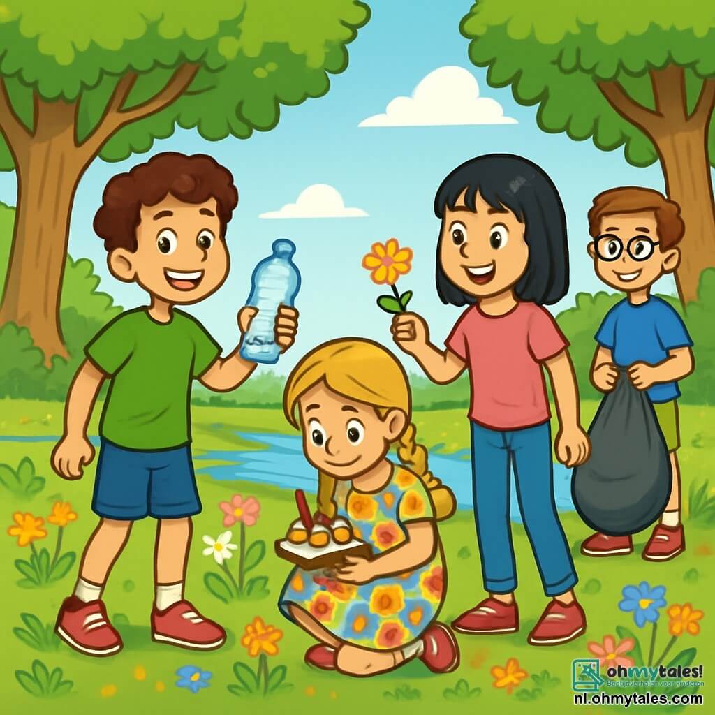Er zijn 4 kinderen: - Tom: een 10-jarig jongetje met bruin, krullend haar, gekleed in een groen T-shirt en een blauwe short. Hij staat rechtop, met een plastic fles die hij net heeft opgepakt, en een vastberaden glimlach op zijn gezicht. - Lotte: een 9-jarig meisje met lange blonde vlechten, gekleed in een kleurrijke bloemenjurk. Ze zit op de grond, schrijft in een klein notitieboekje met een potlood en observeert aandachtig de wilde bloemen om zich heen. - Noor: een 10-jarig meisje met zwart, steil haar, gekleed in een roze T-shirt en een spijkerbroek. Ze staat naast Lotte en toont enthousiast een bloem aan Tom. - Sam: een 9-jarig jongetje met kastanjebruin haar en een bril, gekleed in een blauw T-shirt en een kaki short. Hij staat iets verder weg met een vuilniszak in zijn hand, klaar om afval op te ruimen. De scène speelt zich af in een mooie, zonnige open plek, omringd door majestueuze bomen met heldergroene bladeren. Kleurrijke wilde bloemen bedekken de grond en een klein beekje schittert in de buurt, dat de blauwe lucht weerspiegelt. De kinderen zijn bezig de open plek schoon te maken, terwijl ze vrolijk praten over het belang van de natuur te beschermen. Hun enthousiasme is voelbaar en illustreert hun betrokkenheid bij ecologie.