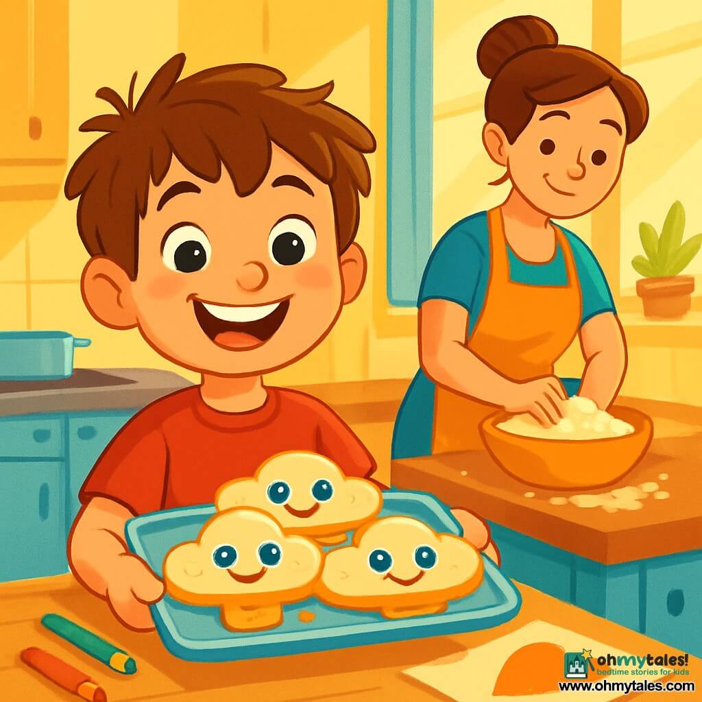 A 6-year-old boy with messy brown hair and sparkling eyes stands in a bright kitchen, holding a tray filled with cloud-shaped pancakes, with blueberries for eyes and syrup gently dripping. He has a big smile, his cheeks flushed with excitement. Next to him, his mom, a woman in her 30s with brown hair in a bun, smiles at him, her hands covered in flour as she prepares a cake. The cozy kitchen has sunny yellow walls, a wooden table scattered with crayons and colored paper, and a window letting in morning light, illuminating the space with soft golden rays. The main scene shows the boy, ready to surprise his dad for Father's Day, with a proud and eager expression on his face, while his mom encourages him with a knowing look.