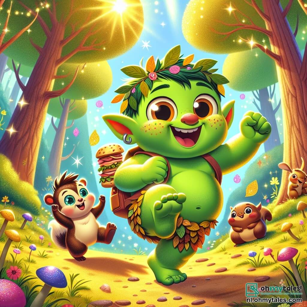 In een zonnige open plek danst een kleine ogre genaamd Ollie, met een stralende groene huid en grote ronde ogen vol nieuwsgierigheid. Hij draagt een klein hoedje van bladeren en een kleurrijke rugzak vol sandwiches, met een brede glimlach die zijn enthousiasme voor avontuur toont. Naast hem hangt zijn beste vriend Sam, een kleine bruine eekhoorn met sprankelende ogen, aan een tak, lachend en probeer het ritme van Ollie's dans te volgen. De scène speelt zich af in een magische open plek, omringd door grote bomen met kleurrijke bladeren die onder de zon glinsteren, met levendige bloemen die lijken te dansen op de vrolijke muziek. Ollie en Sam vieren hun vriendschap door samen te dansen, omringd door dansende puddings die bijdragen aan de feestelijke sfeer, terwijl ze op weg zijn naar een glinsterende grot waar de Glimlachende Kristal zich verstopt.